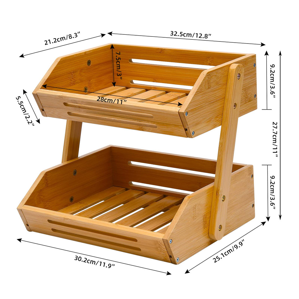 VIKEYHOME 2-Tier Bamboo Fruit Basket, 11" Tall, Multipurpose, Large Capacity, Natural, 15 mm Thickness (Self-Assembly)