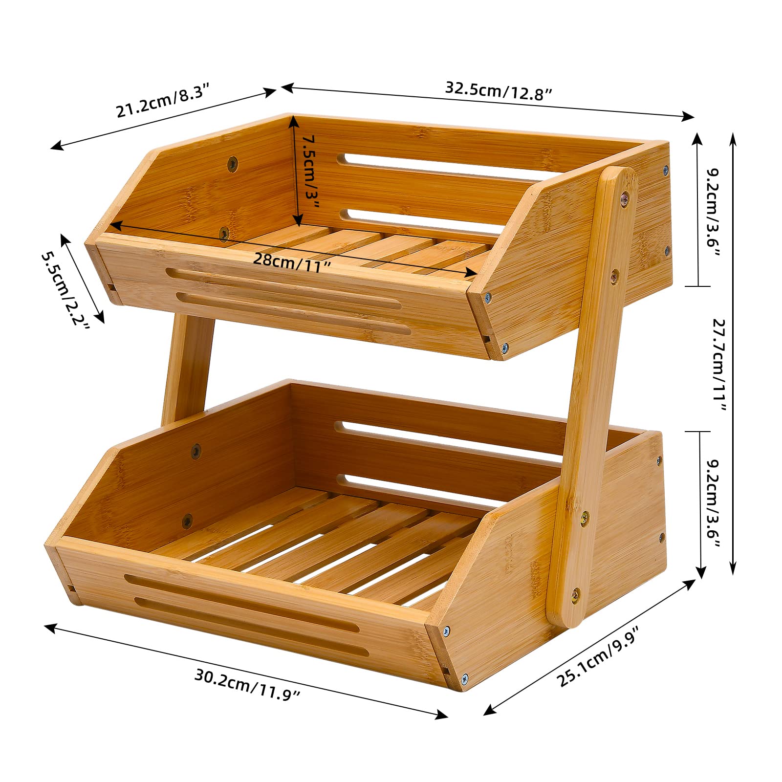 VIKEYHOME 2-Tier Bamboo Fruit Basket, 11" Tall, Multipurpose, Large Capacity, Natural, 15 mm Thickness (Self-Assembly)