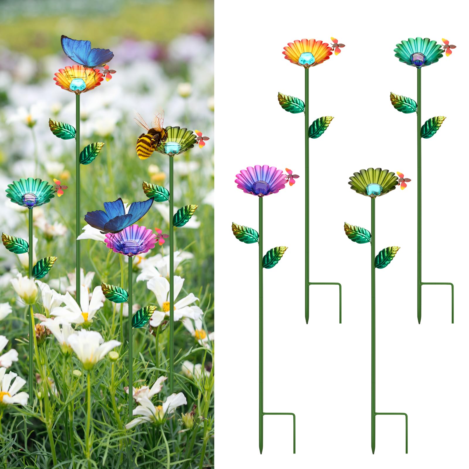 Bee Watering Station 4 Pack,Bee Cup Metal Colorful Flower Design,for Bees and Butterflies Bath,with Design-Sense Colored Glass Beads,for Outdoor Garden Yard Decor
