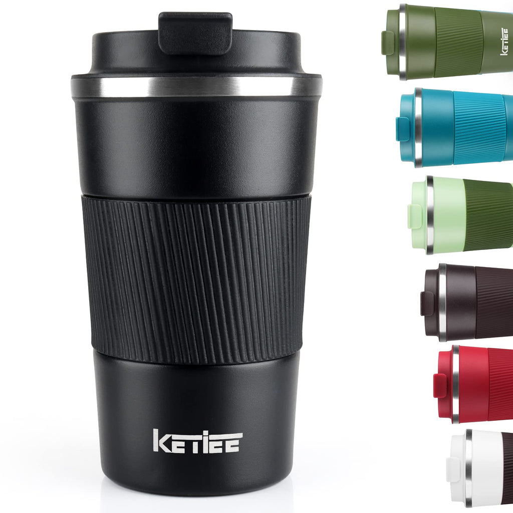 KETIEE Travel Mug 12oz, Vacuum Insulated Coffee Mug with Leakproof Lid, Travel Coffee Tumbler Stainless Steel Double Walled Reusable Coffee Cup for Hot and Iced Water (Black)