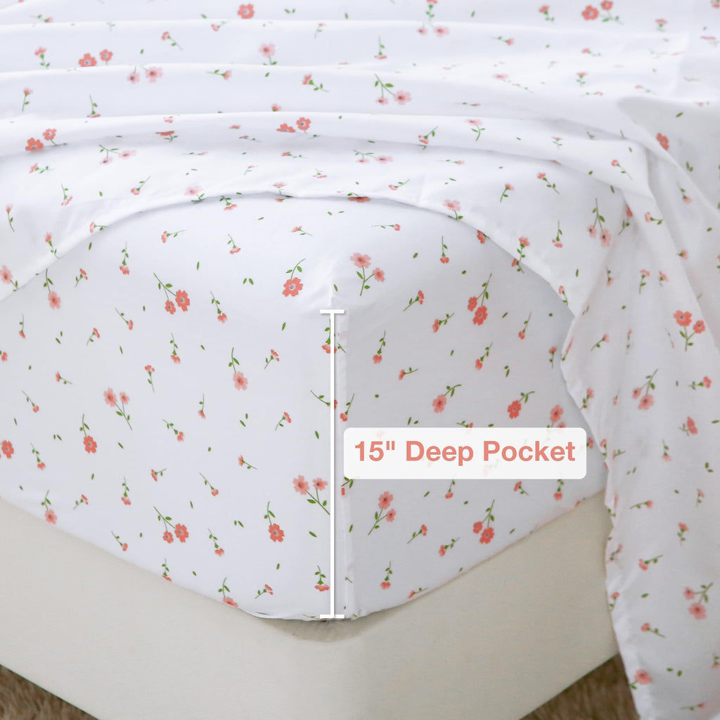 Softan Pink Floral Full Sheet Set Printed Sheets Double - 4 Piece Microfiber Patterned Fitted Sheets with 15" Deep Pocket, Cute Pink Flower Sheets with Straps