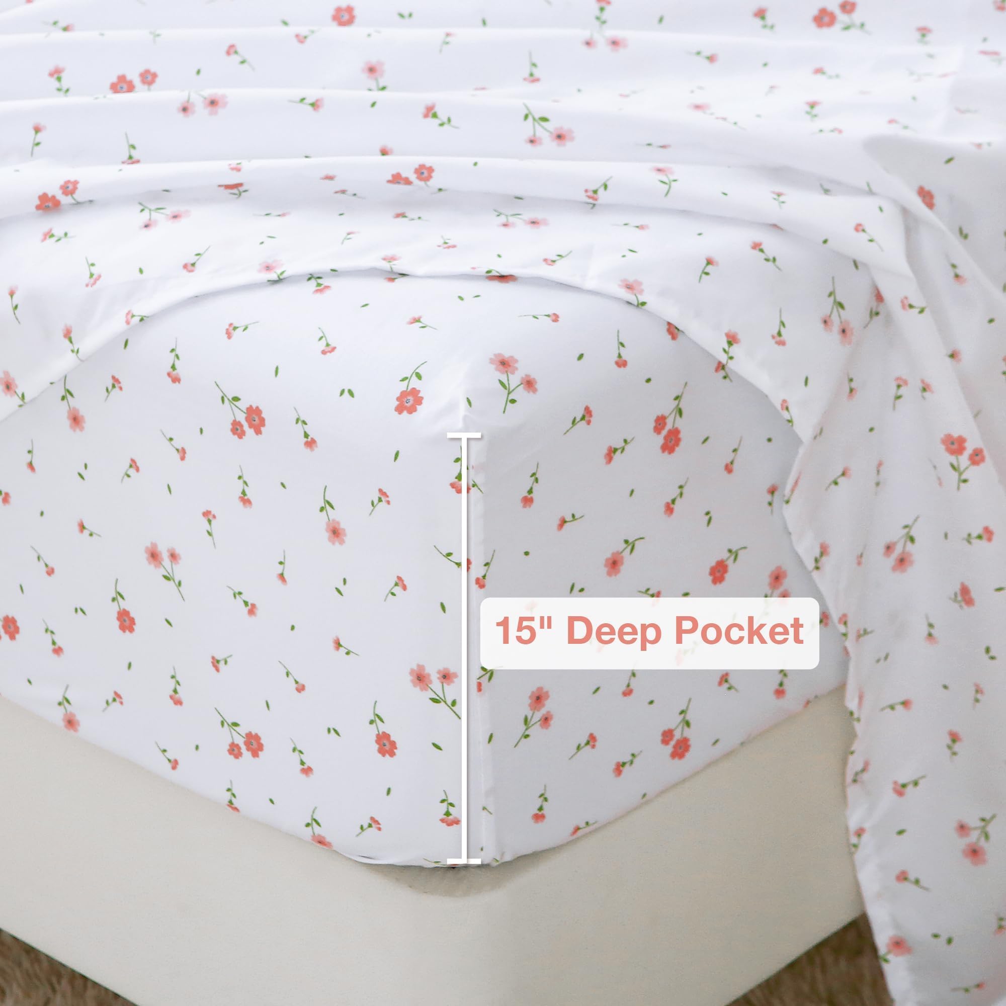 Softan Pink Floral Full Sheet Set Printed Sheets Double - 4 Piece Microfiber Patterned Fitted Sheets with 15" Deep Pocket, Cute Pink Flower Sheets with Straps