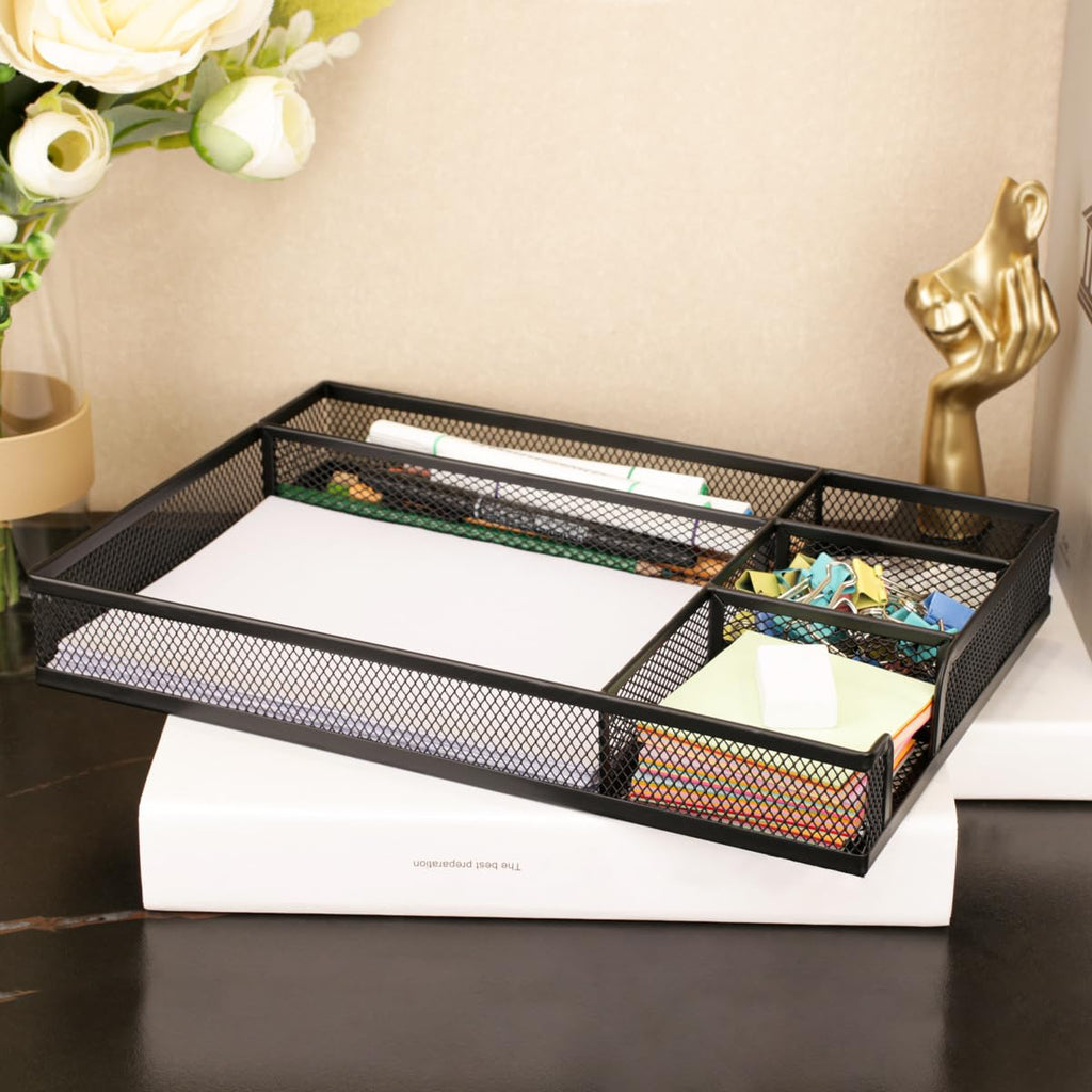 Gonice Black Metal Mesh Desk Drawer Organizer Tray with 5 Dividers for Office Supplies, Desk Cabinet with Drawers
