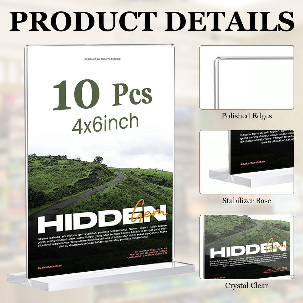 Hyuetrsa 10Pcs Clear Acrylic Sign Holder Clear Flyer Display Holder, 4×6inch Double-Sided Tabletop Display Stand for Flyers, Menus, Posters, Photos & Ads