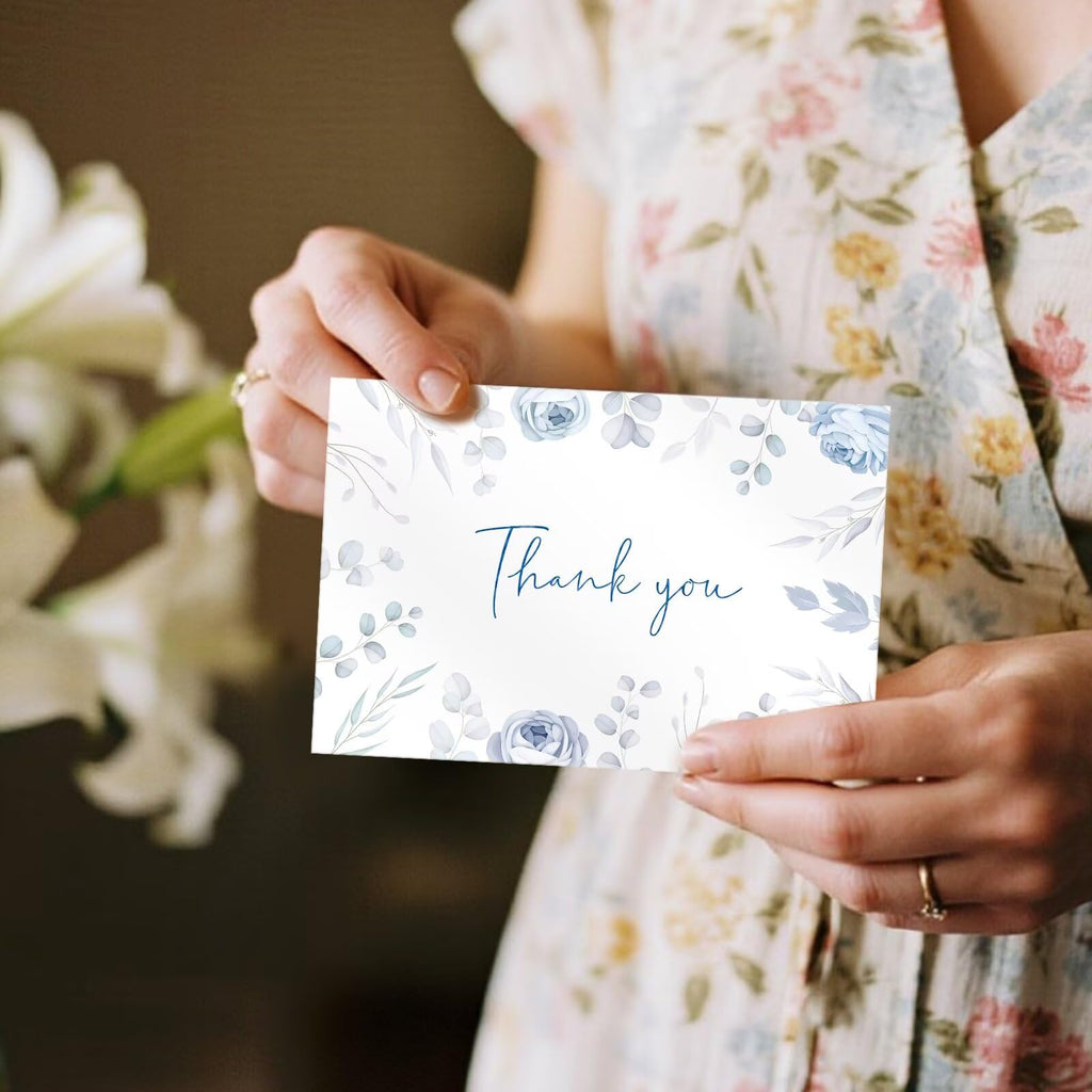 Oaken Leaford 48 Pack Pre-Folded Floral Thank You Cards with Envelopes & Stickers, 6 Elegant Flower Designs for Wedding, Baby Shower, Teacher Gifts(Blue Floral)