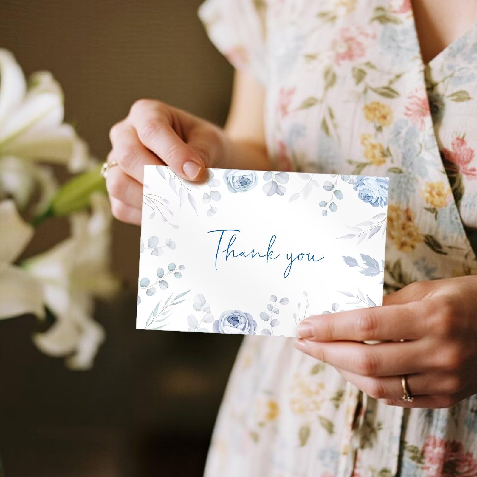 Oaken Leaford 48 Pack Pre-Folded Floral Thank You Cards with Envelopes & Stickers, 6 Elegant Flower Designs for Wedding, Baby Shower, Teacher Gifts(Blue Floral)