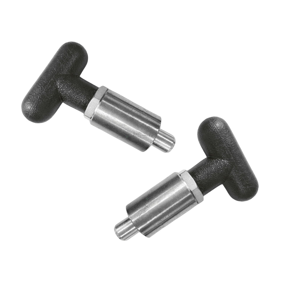 T knob Spring Loaded Pop Pin Spring Loaded Zinc Plated Steel Plunger POP Pull Pin Tire Carrier Pin , Black Plastic T-Handle Knob Round Nut W/Grub Screw Lock. (T-Handle, 3/8" Diameter)