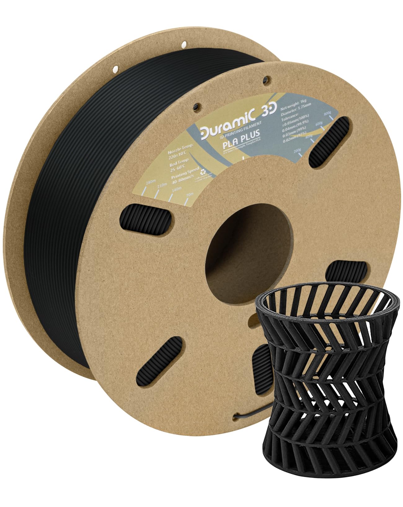 DURAMIC 3D PLA Plus (PLA+) Filament 1.75mm Black 1kg, 3D Printer Filament Tough PLA Pro 8 Times Strength, Cardboard Spool 3D Printing Filament PLA + Dimensional Accuracy 99% +/- 0.03 mm