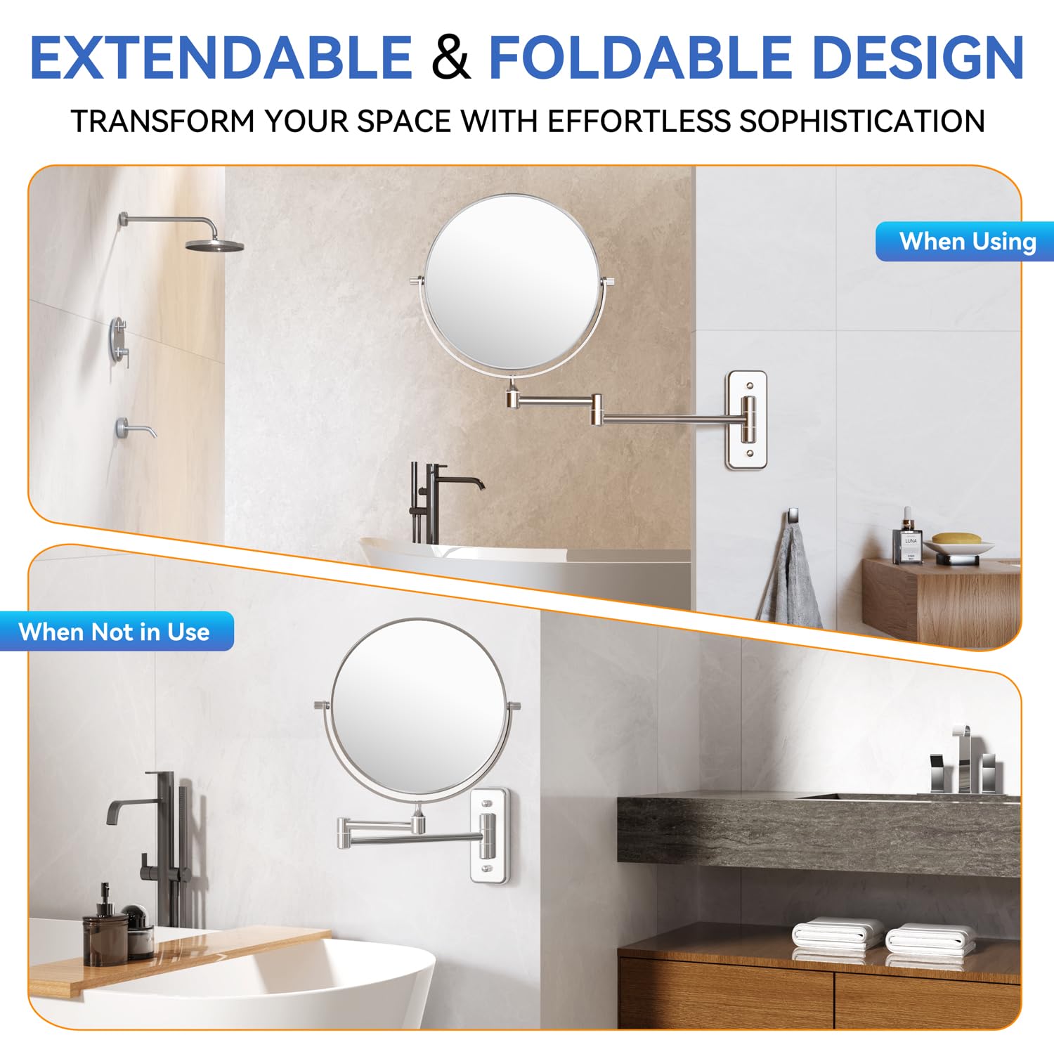 Auxmir 20X/1X Wall Mounted Makeup Mirror, 8" Double-Sided Magnifying Mirror with Tweezers, Bathroom Vanity Makeup Mirror, Cosmetic Mirror with 360° Swivel Extendable Arm, Chrome
