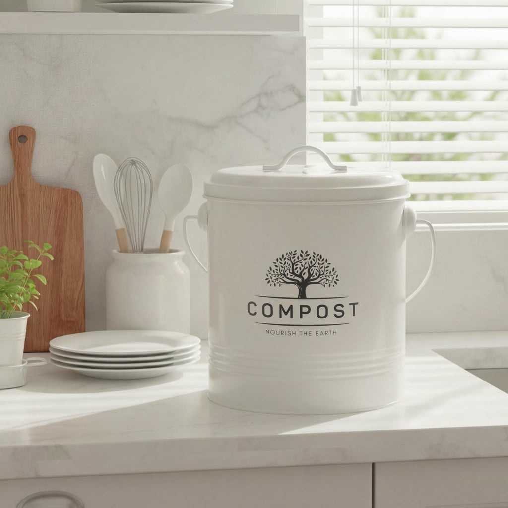 Perfnique Kitchen Compost Bin, 1.3 Gallon Countertop Compost Bin with Lid, Indoor Compost Bucket Includes Inner Bucket Liner and Carbon Filter, Small Compost Bin with Trash Bags (with Bags, Cream)