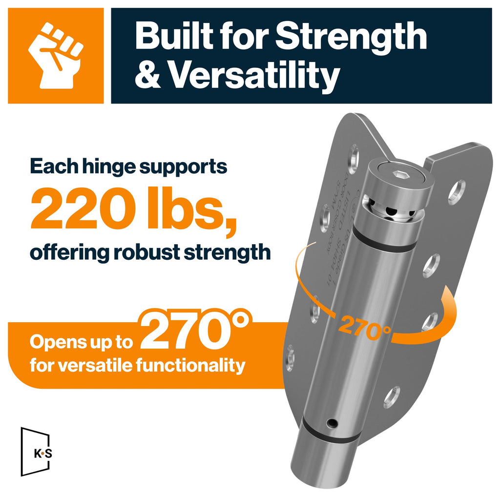 KS Hardware Mortise Spring Hinge | Automatic Self Closing Door Hinges with Complete Installation Hardware | 4" X 4" with 5/8" Radius Corners | 2 Pack, Satin Nickel Finish