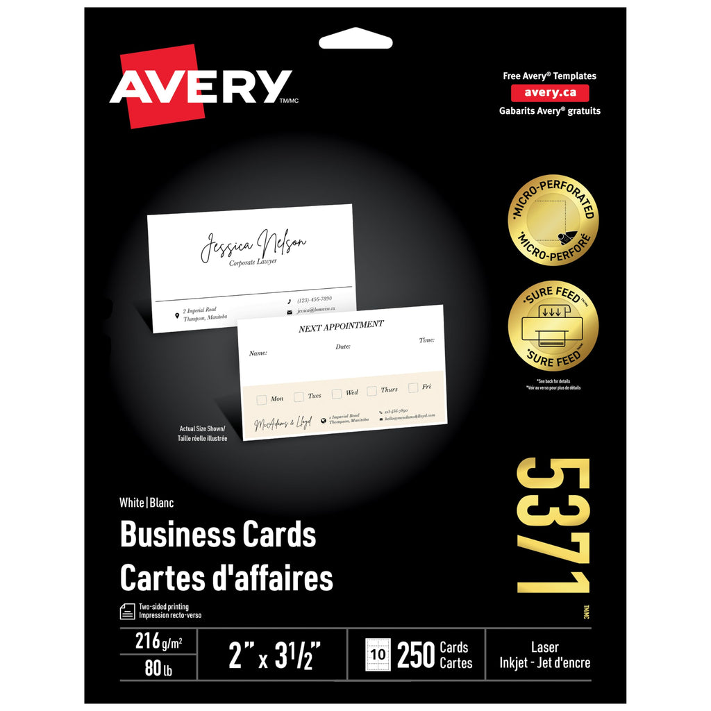 Avery Printable Micro-Perforated Business Cards with Sure Feed Technology, 2" x 3.5", Double Sided Printing, Matte White Cardstockfor Laser/Inkjet Printer, 250 Blank Cards, (5371)