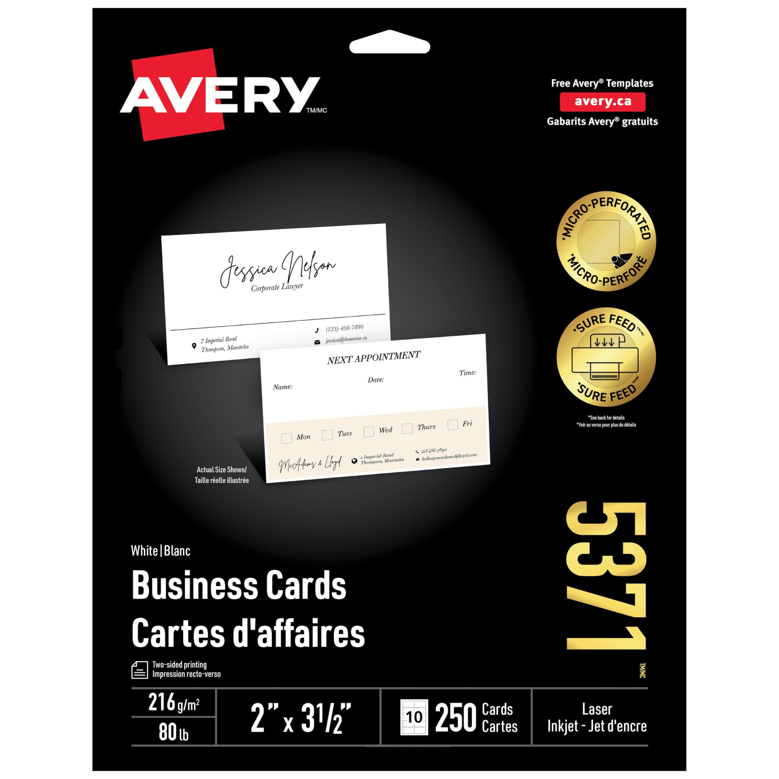 Avery Printable Micro-Perforated Business Cards with Sure Feed Technology, 2" x 3.5", Double Sided Printing, Matte White Cardstockfor Laser/Inkjet Printer, 250 Blank Cards, (5371)