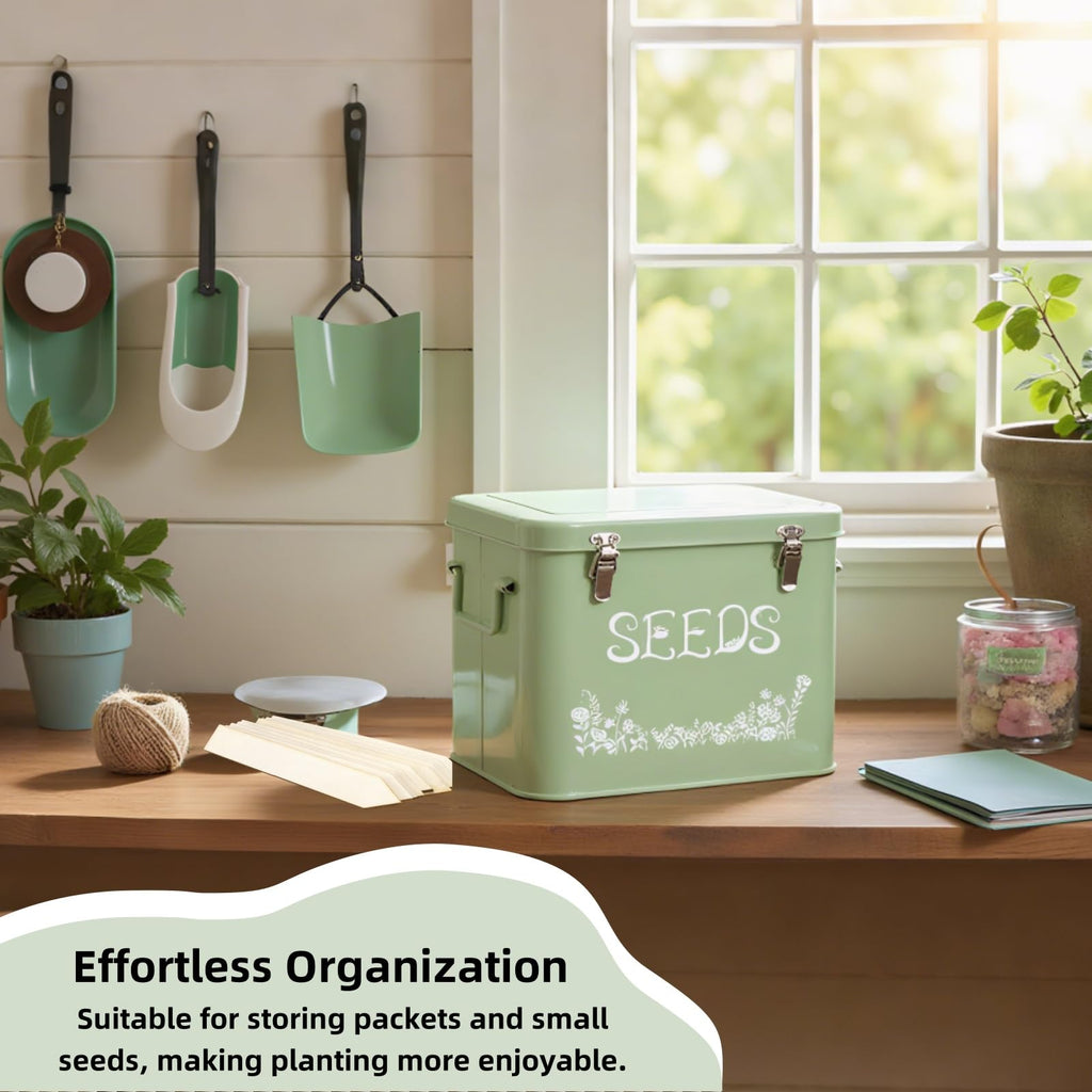 Covzoe Seed Storage Box, Metal Seed Packet Organizer with Garden String and 10 Wood Plant Labels, 3 Compartment Seed Saving Container with Lid, Seed Organizer Tin for Gardeners, Green