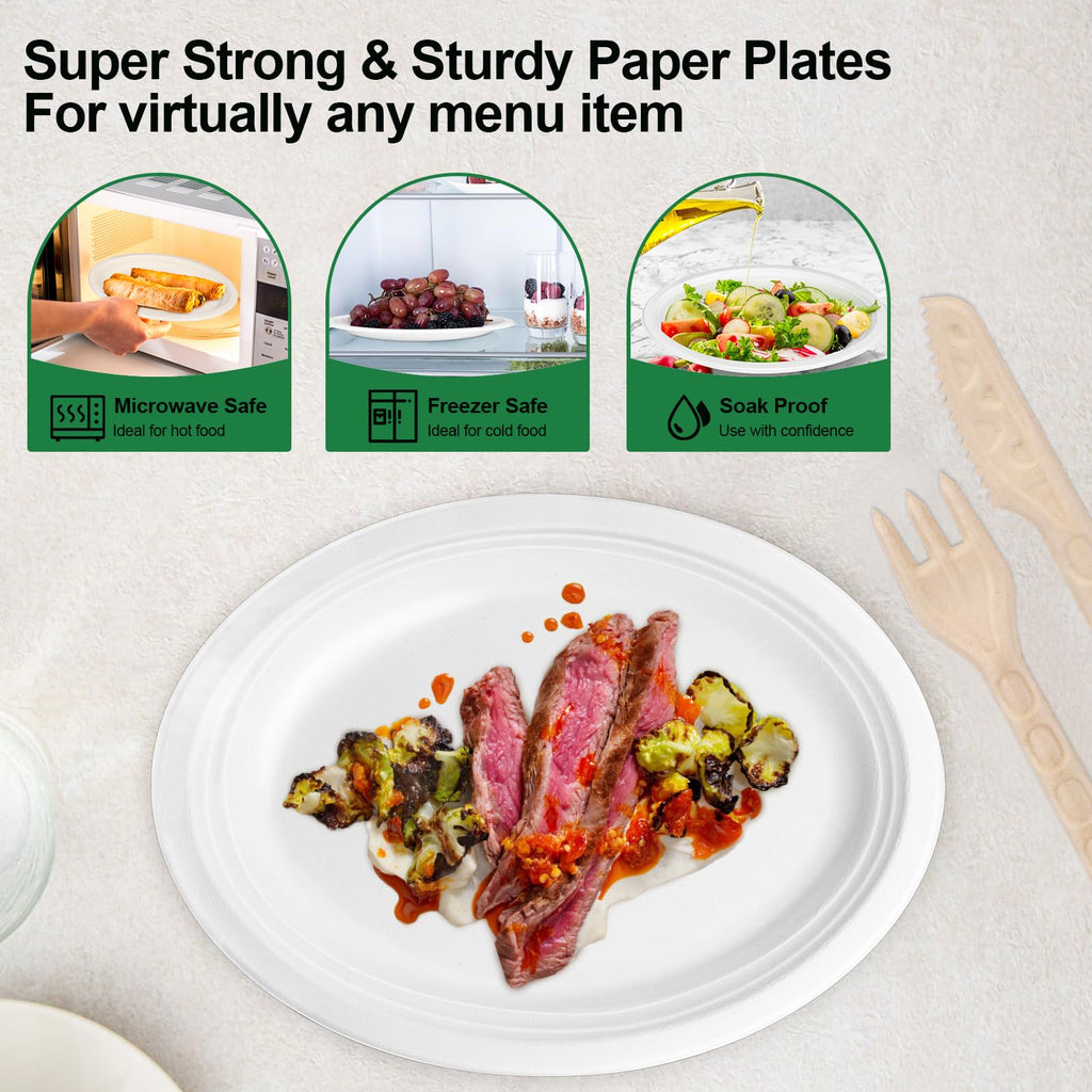 Uniecocus Oval Paper Plates 12 Inch, 100 Pack Large Heavy Duty Paper Plates, Eco Friendly Disposable Compostable Plates, White Dinner Plates Sturdy Strong for Party BBQ Picnic Outdoor