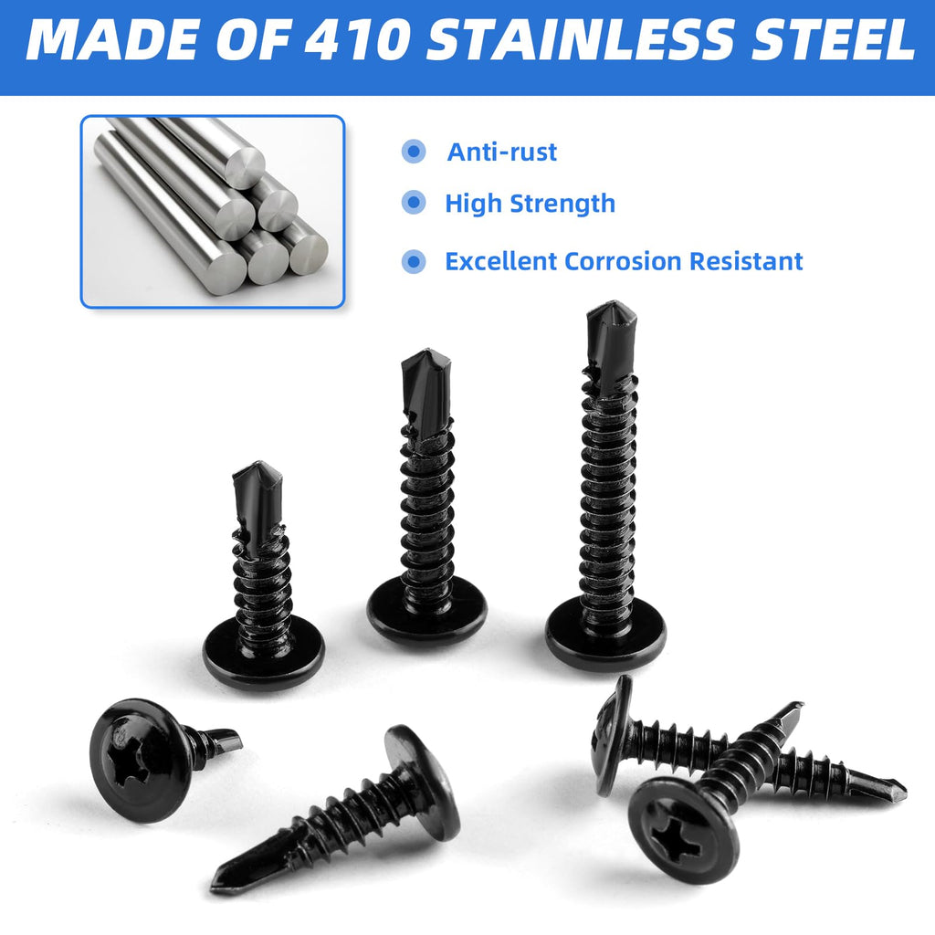 Besitu 400PCS Self Tapping Screws, 410 Stainless Steel Self Drilling Screws #8#10 Black Oxide Sheet Metal Screws, Length 1/2" to 1-1/4'', Truss Head Wood Screws Assortment for Metal, Plastic and RV
