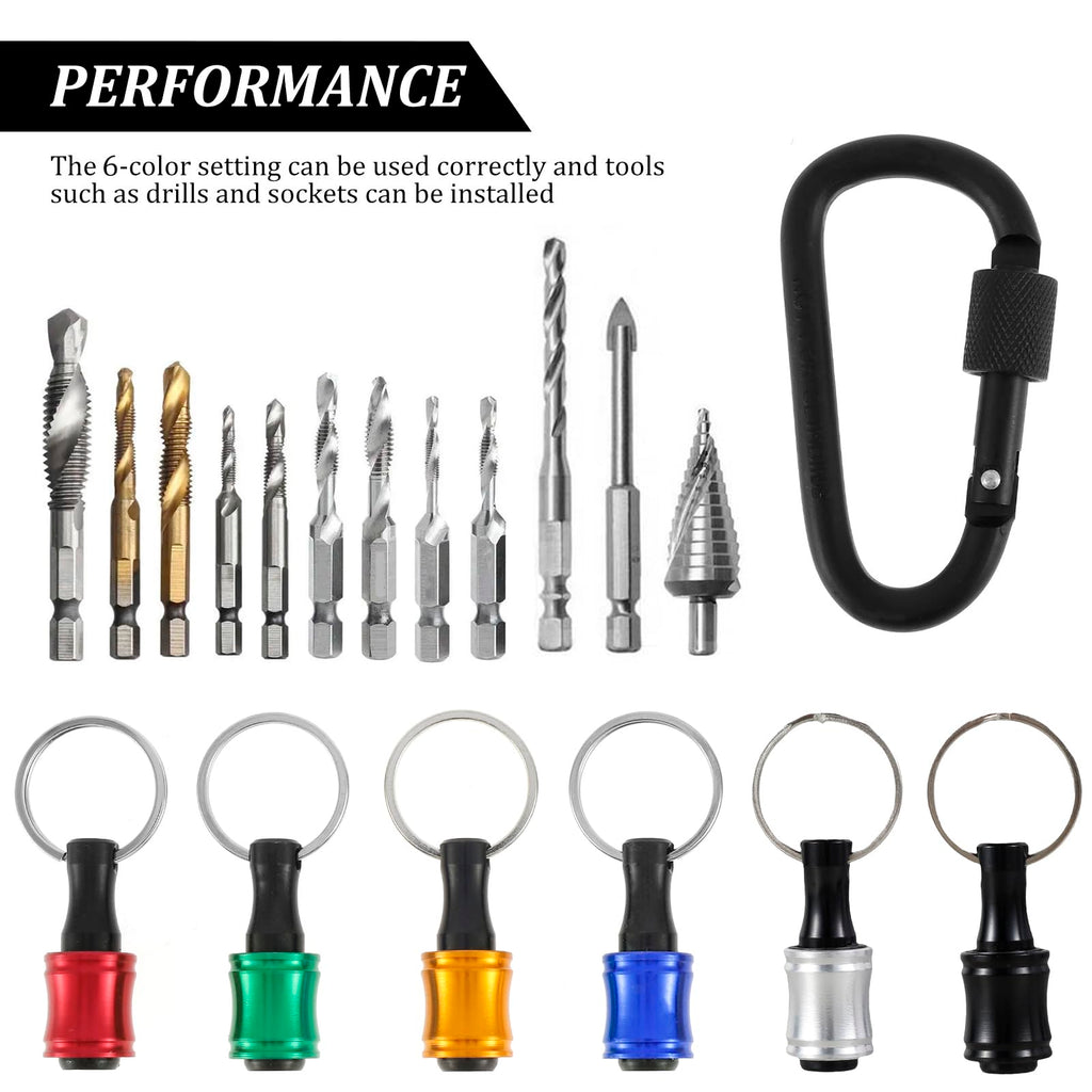 18Pcs Bit Holders Keychain 1/4inch Hex Shank Screwdriver Bits Holder Portable Quick-Change Socket Holder for Drill,Light-Weight Bit Holder Keychain Extension Bar for Drill Bit with Black Carabiner