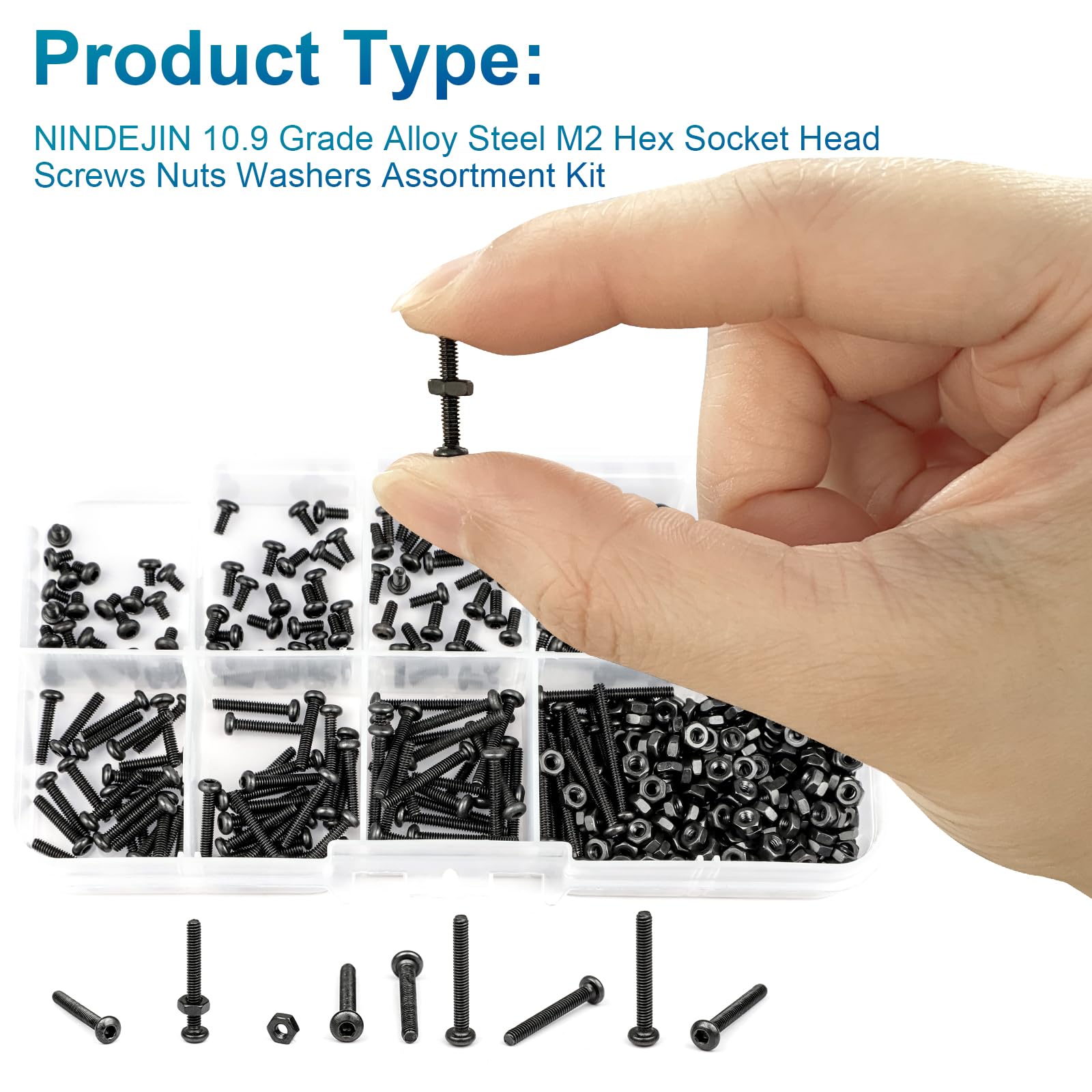 NINDEJIN M2 Button Head Hex Socket Cap Screws Bolts, M2 x 3/4/5/6/8/10/12/16/20mm Screw and Nuts Assortment Kit, 10.9 Carbon Steel Fully Machine Thread