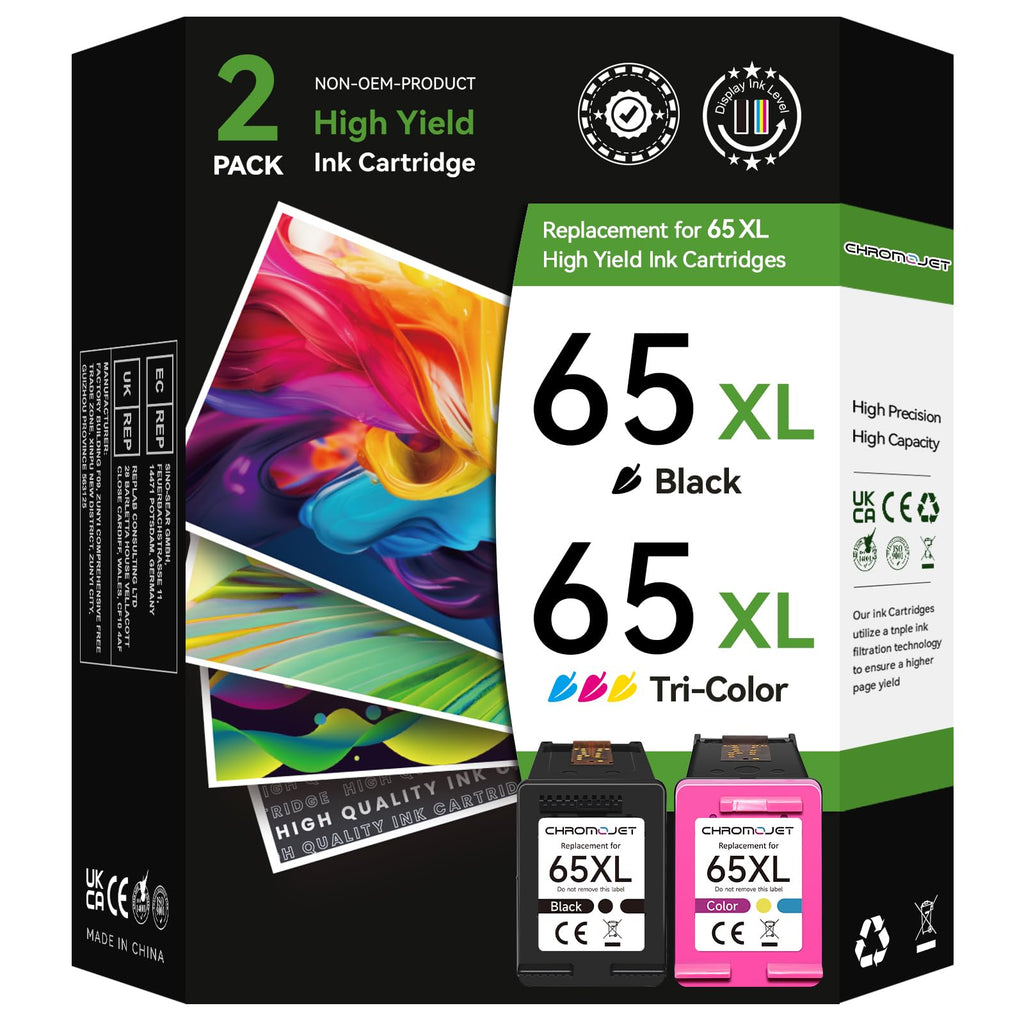 Chromojet 65XL Ink Cartridge Black Color Combo Pack Compatible for HP 65 Ink Cartridges fit for DeskJet 3755 2655 3752 2600 3700 2652 3720 2622 2620 Envy 5055 5052 5000 5010 5070 5030 Printer,2 Pack