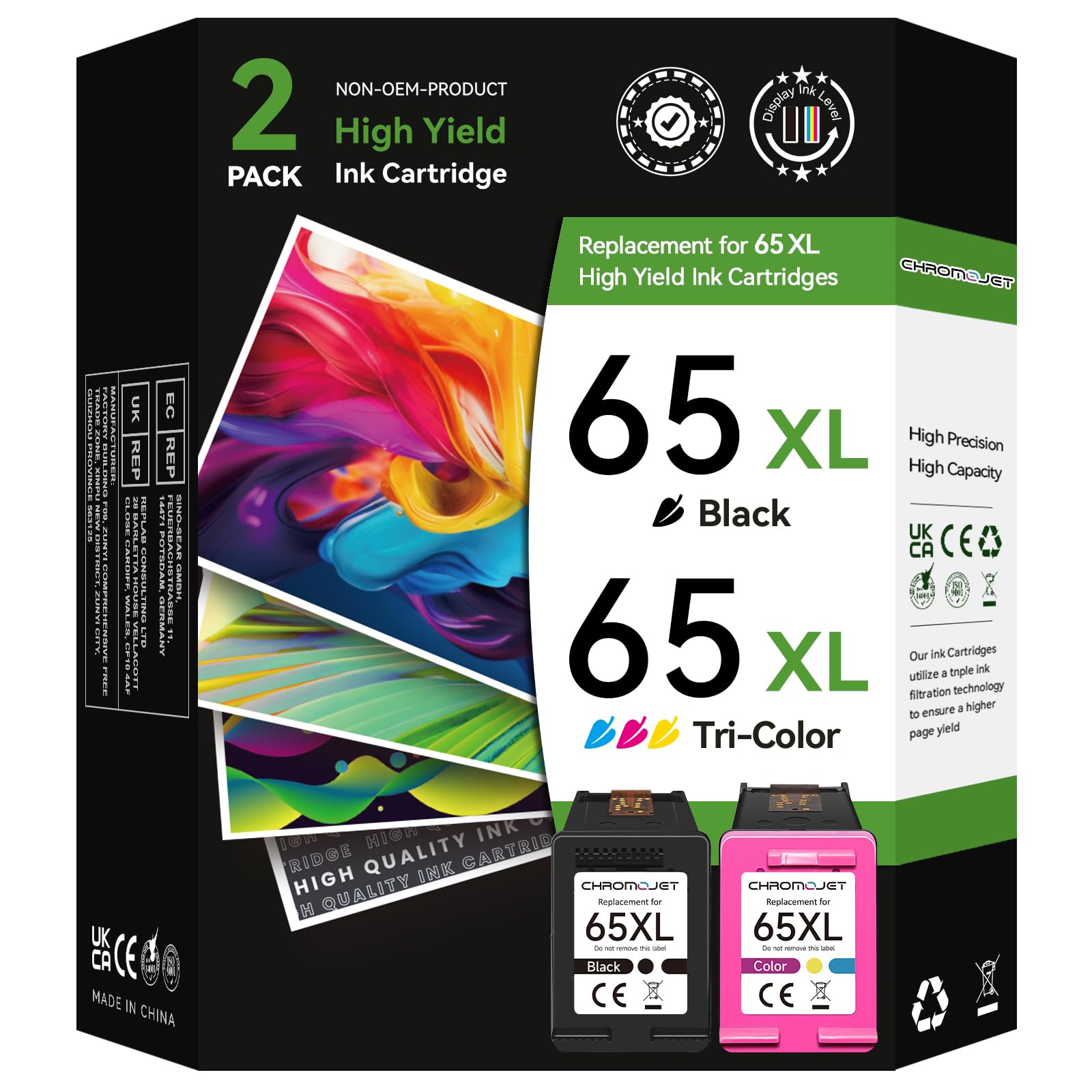 Chromojet 65XL Ink Cartridge Black Color Combo Pack Compatible for HP 65 Ink Cartridges fit for DeskJet 3755 2655 3752 2600 3700 2652 3720 2622 2620 Envy 5055 5052 5000 5010 5070 5030 Printer,2 Pack