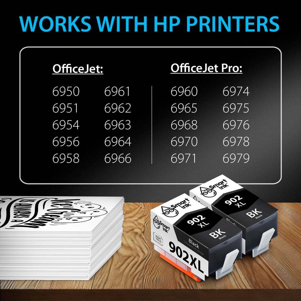 Smart Ink Compatible Ink Cartridge Replacement for HP 902 XL 902XL (Black, 2 Pack) with Advanced Chip Technology to use with OfficeJet Pro 6968 6974 6975 6978 6960 OfficeJet 6951 6954 6956 6958 6950