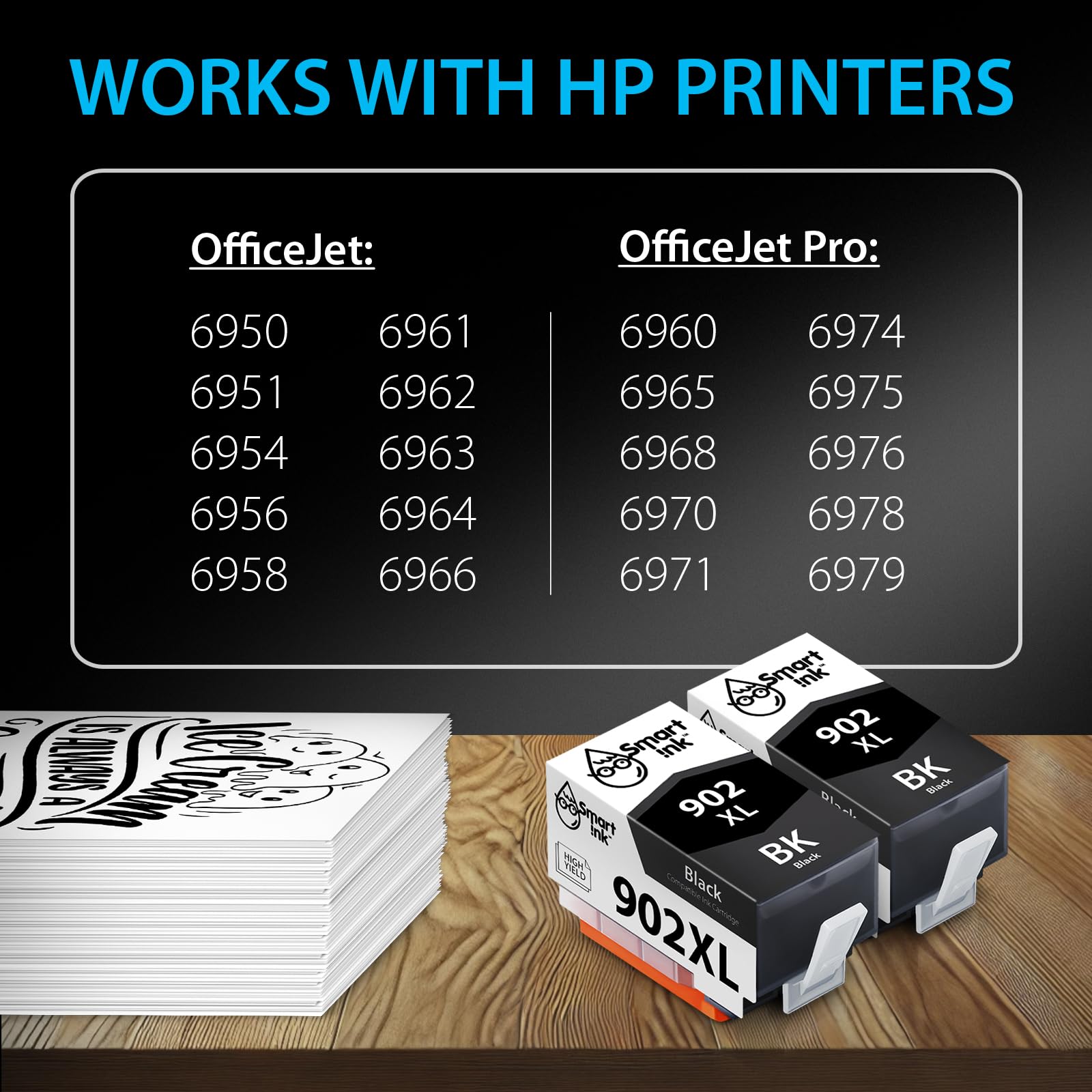 Smart Ink Compatible Ink Cartridge Replacement for HP 902 XL 902XL (Black, 2 Pack) with Advanced Chip Technology to use with OfficeJet Pro 6968 6974 6975 6978 6960 OfficeJet 6951 6954 6956 6958 6950