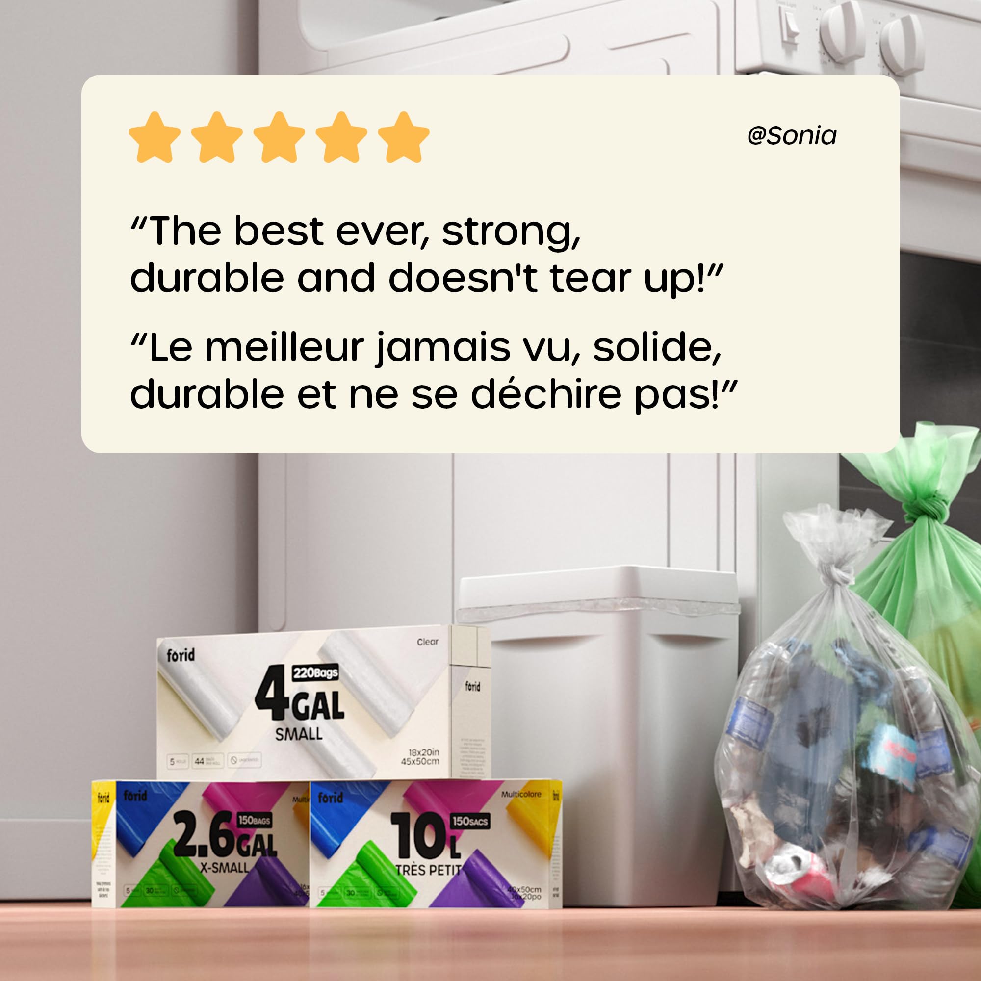 FORID Small Garbage Bags 10 Litre / 2.6 Gal 150 Count - Colorful Trash Bags for Bathroom, Bedroom & Home Office - Multi-Color Kitchen Garbage Bag Liners for small Trash Cans - Petit Sac Puobelle