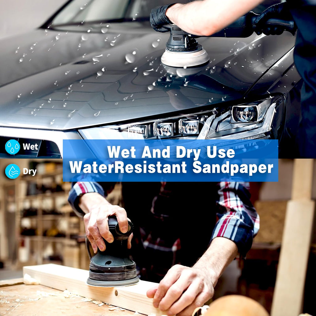 5 Inch Wet Dry Sanding Discs 8 Hole Round Hook and Loop Sandpaper with 1Pcs Interface Pad 1000 2000 3000 5000 7000 10000 Assortment Set Orbital Sander Sand Paper for Wood Automotive Metal-61Pcs