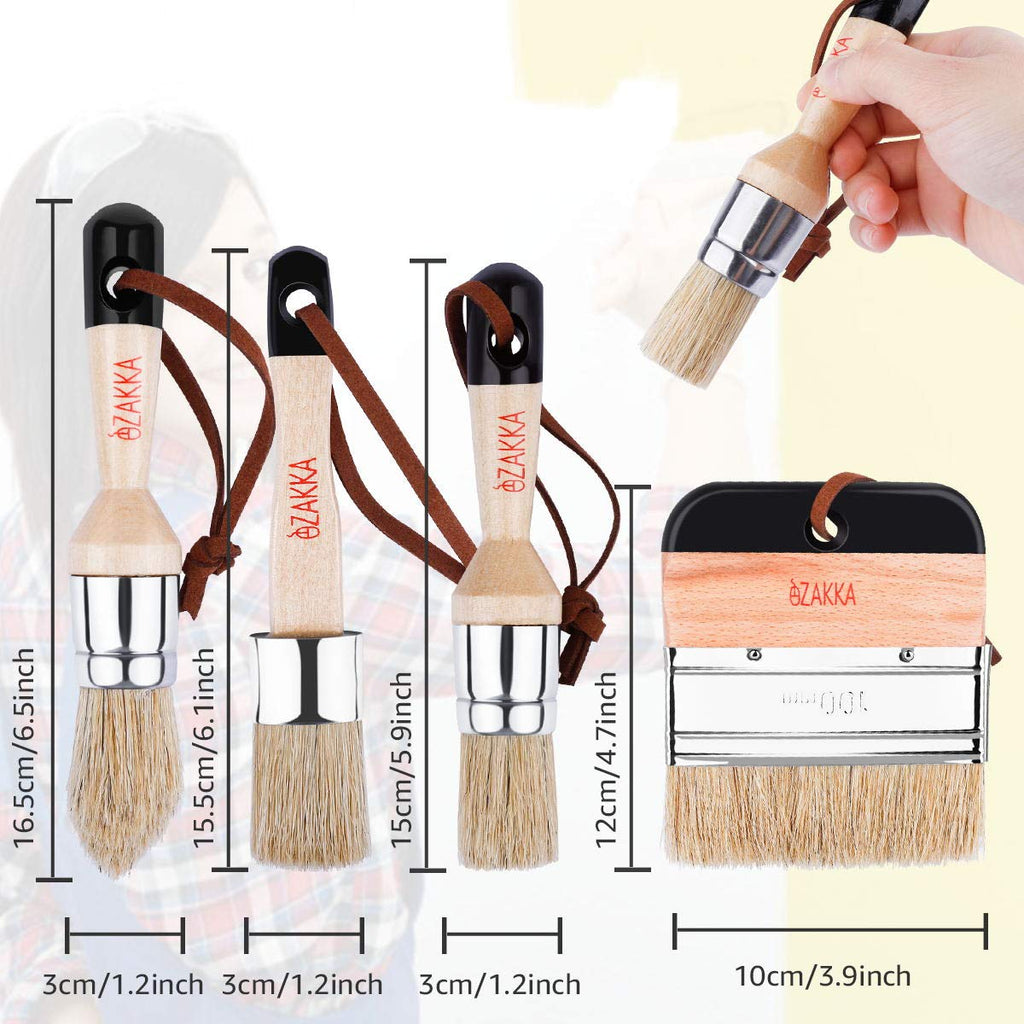 eZAKKA Natural Bristles Wax & Chalk Paint Brush 4-Pack, 1.2‘’, 3.9'' Round & Flat Chip Paint Brushes Set for Furniture Walls Ceilings, 3-Small & 1-Large Paintbrushes for Stain Milk Paint