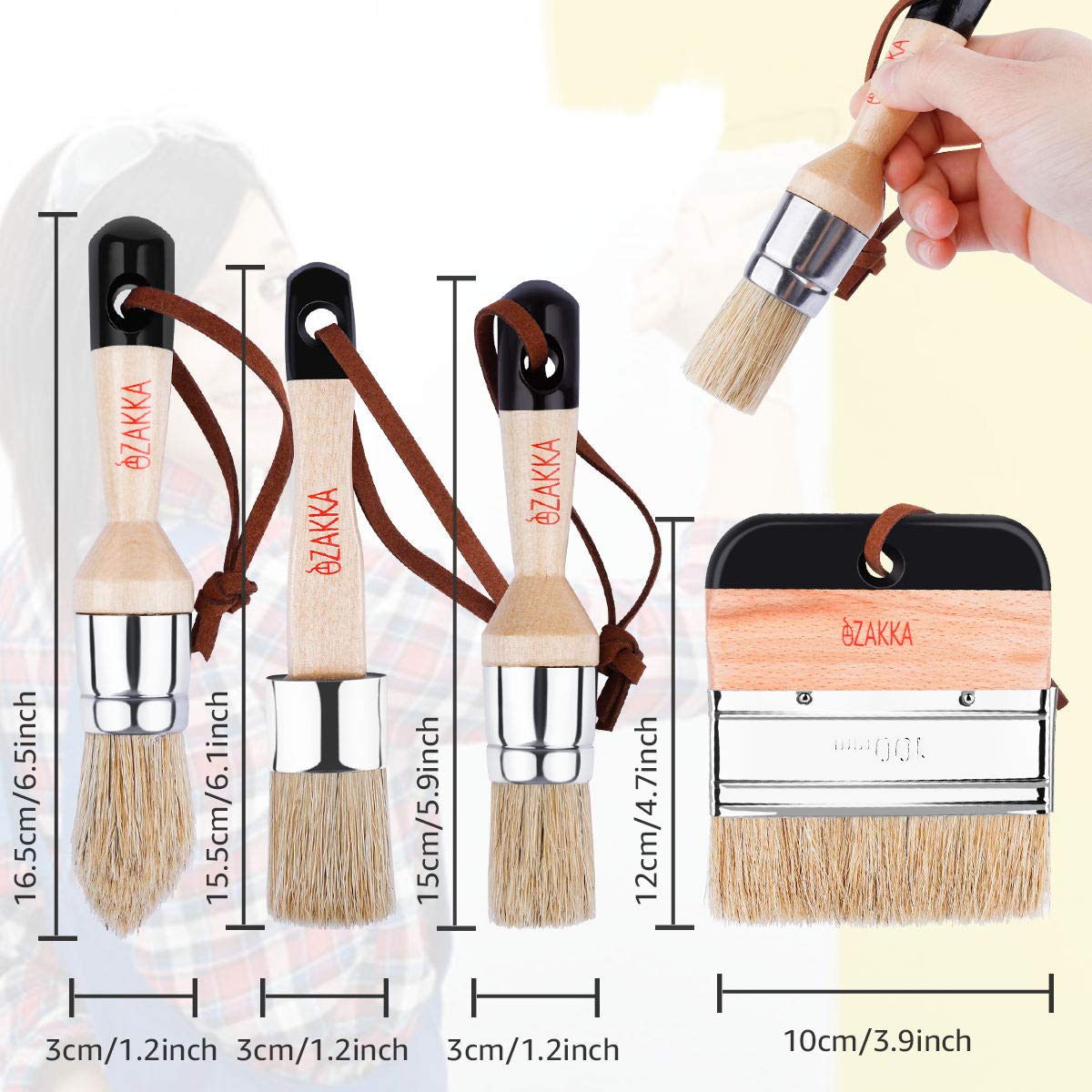 eZAKKA Natural Bristles Wax & Chalk Paint Brush 4-Pack, 1.2‘’, 3.9'' Round & Flat Chip Paint Brushes Set for Furniture Walls Ceilings, 3-Small & 1-Large Paintbrushes for Stain Milk Paint