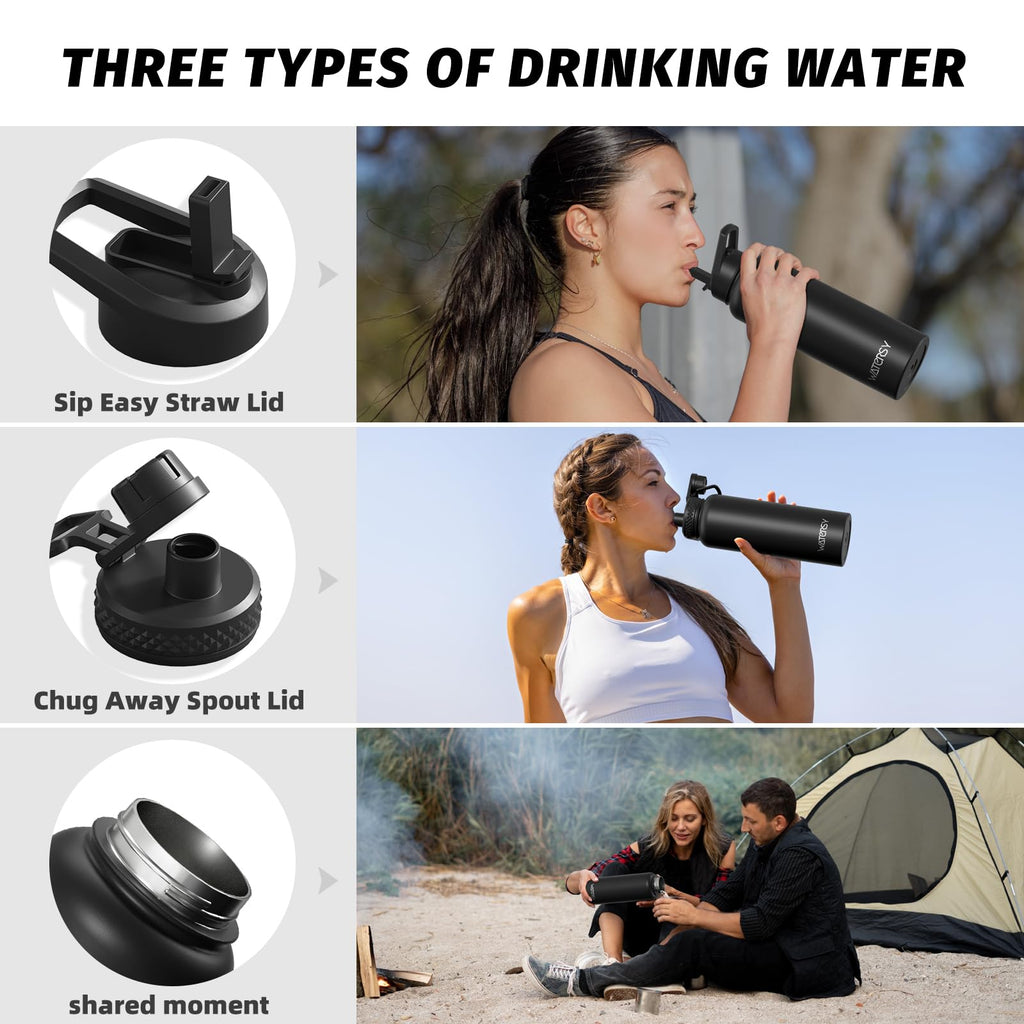 40oz Insulated Water Bottle (Cold for 48 Hrs),BPA Free&Leak Proof,Stainless Steel Water Flask,Water Jug with Straw Spout Lids for Gym,Hiking,Travel,Black
