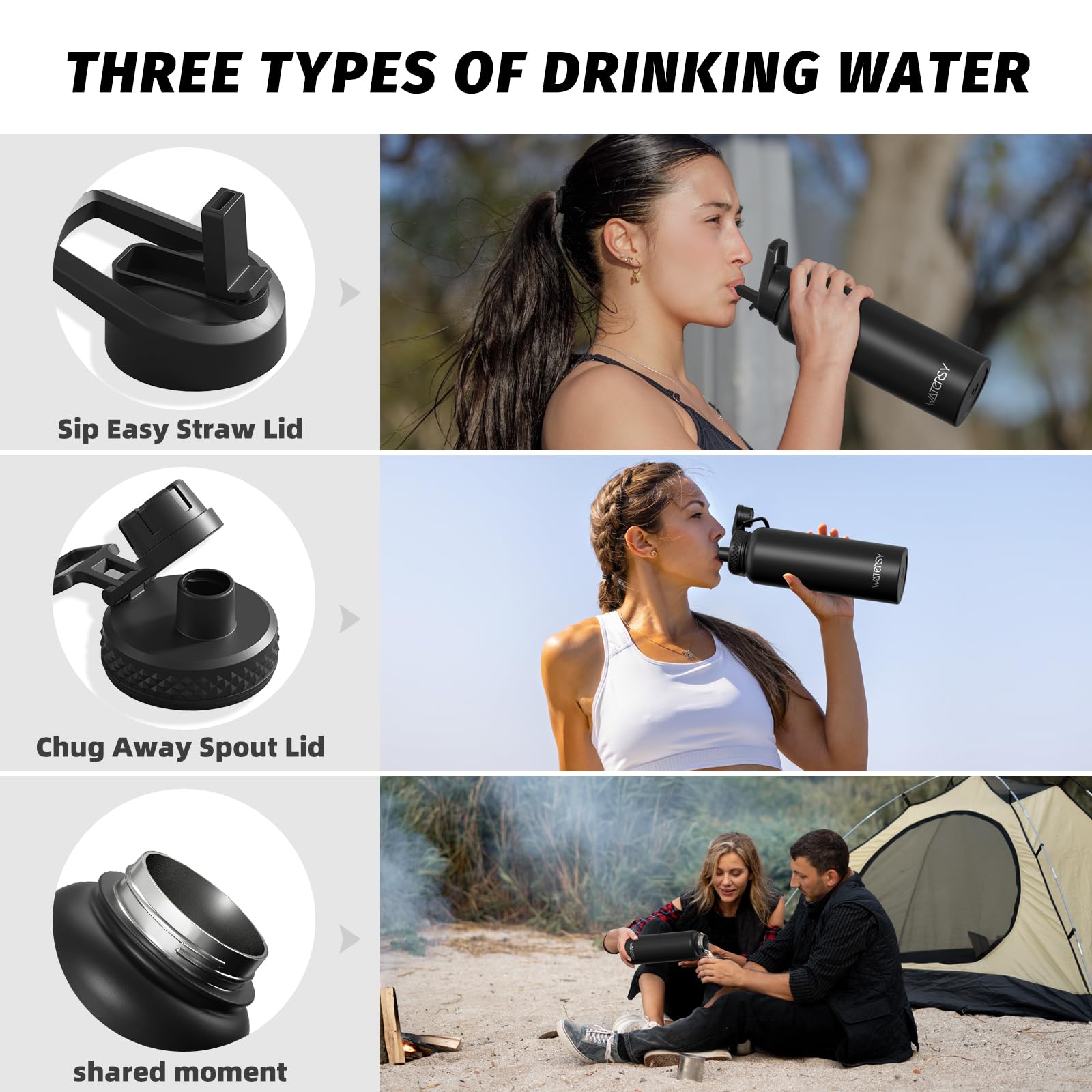 40oz Insulated Water Bottle (Cold for 48 Hrs),BPA Free&Leak Proof,Stainless Steel Water Flask,Water Jug with Straw Spout Lids for Gym,Hiking,Travel,Black