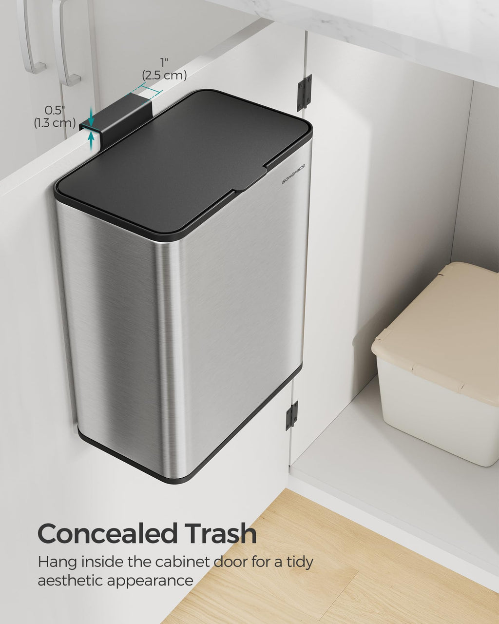 SONGMICS Hanging Trash Can, 2.1-Gallon (8 L) Kitchen Garbage Can with Lid, Cabinet Door Hanging or Wall-Mounted with Hooks, for Under Sink, Bathrooms, Metallic Silver ULTB810E08