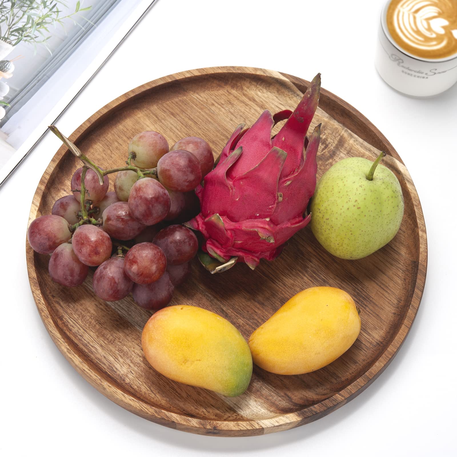 YANGQIHOME Acacia Wood Serving Tray, Round Wooden Platter for Food, Snack, Bread, Cheese, 35 cm Kitchen Serving Tray