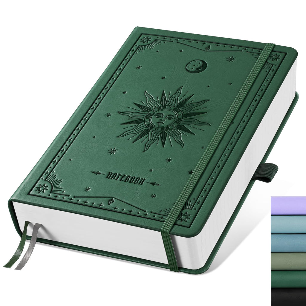 EMSHOI Lined Journal Notebook, 320 Numbered Pages, A5 College Ruled Notebook, with 100 GSM Thick Paper, Hardcover Leather, Contents, Stickers, Inner Pocket, Pen Holder, 5.75 x 8.38-Dark Green