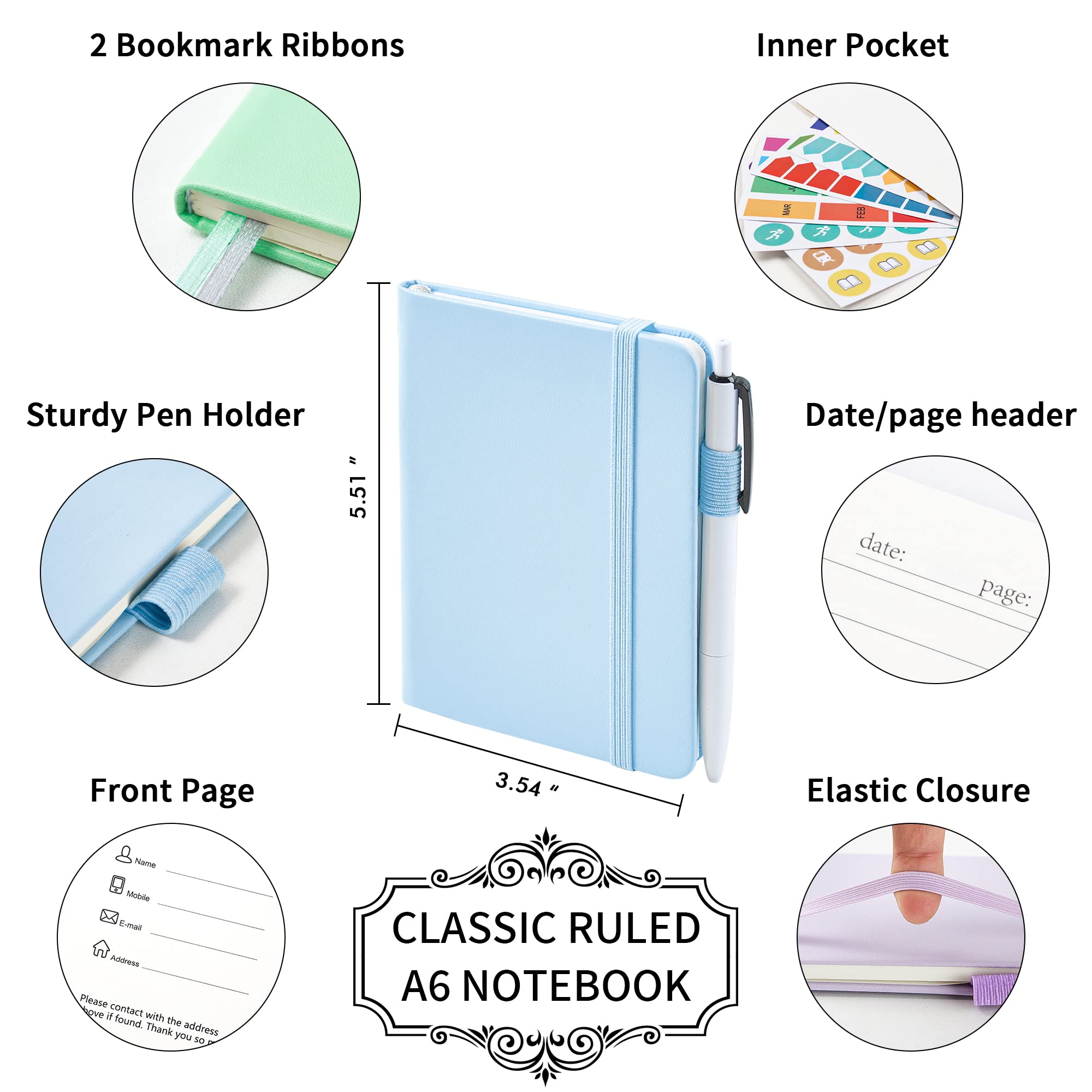 feela Pocket Notebook Journals, Mini Cute Small Hardcover College Ruled Notepad Office School Supplies, with 3 Black Pens, 3.5”x 5.5”, 3 Pack, A6, Pastel Colors, Light Blue, Light Purple, Light Green
