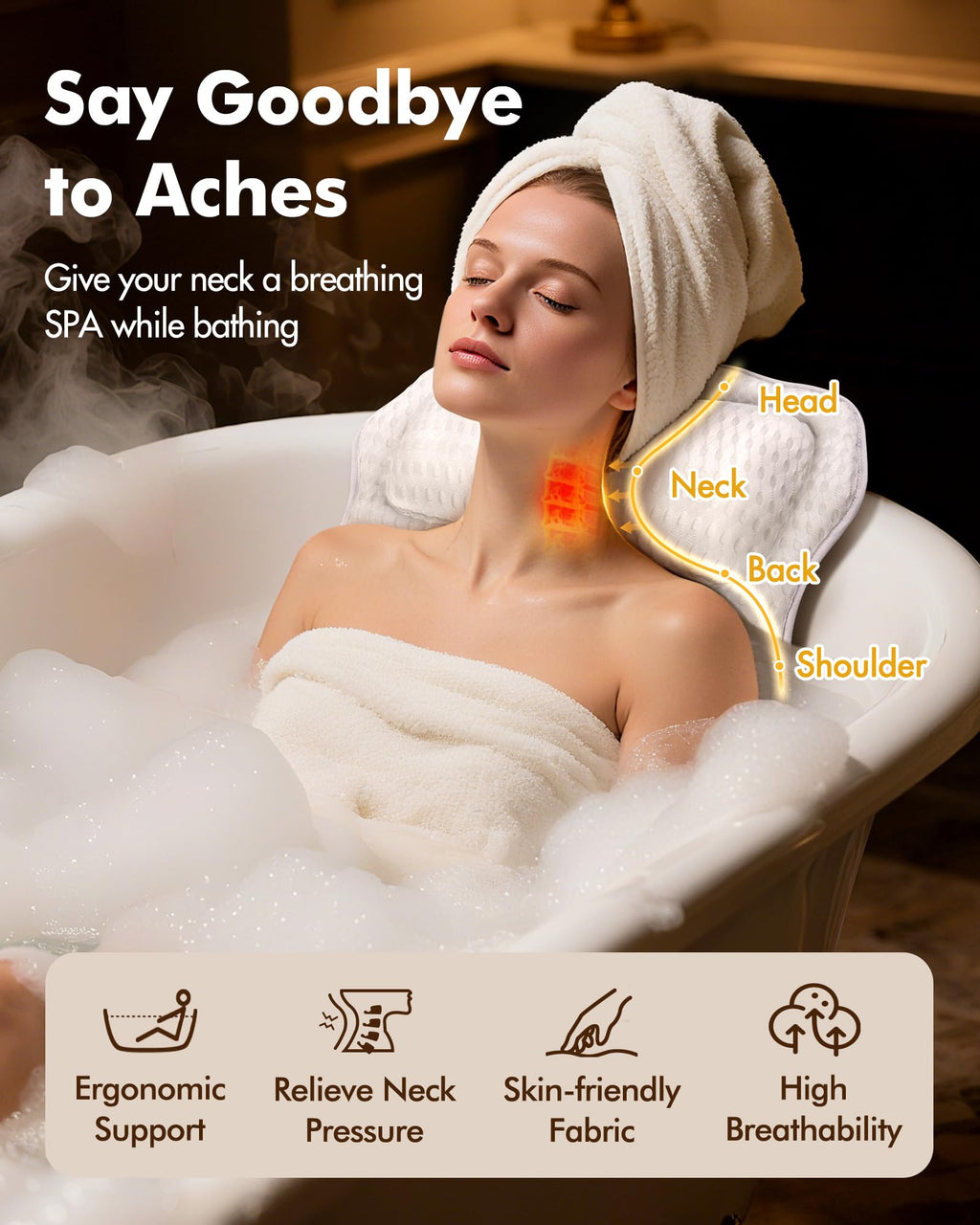 AOPOW Ergonomic Luxury Bath Pillow: Large Area 5D Air Mesh Comfortable Bathtub Pillow - 6 Non-Slip Suction Headrest Cushion with Head Neck Shoulder and Back Support for Women Men Gift Home Spa Hot Tub