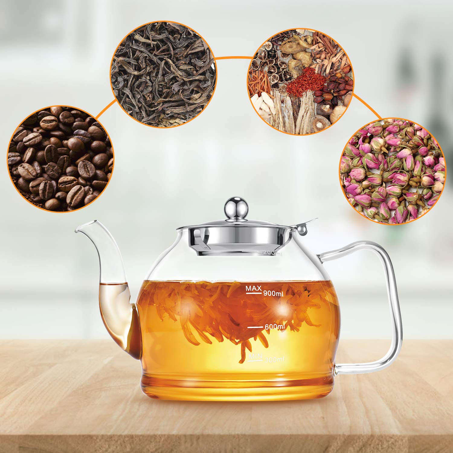 STNTUS Glass Teapot, 40oz/1200ml Tea Pots with Infuser for Loose Leaf, Borosilicate Glass & Removable Stainless Steel Strainer Tea Pot for 4-6 Cups Maker, Mothers Day Gifts
