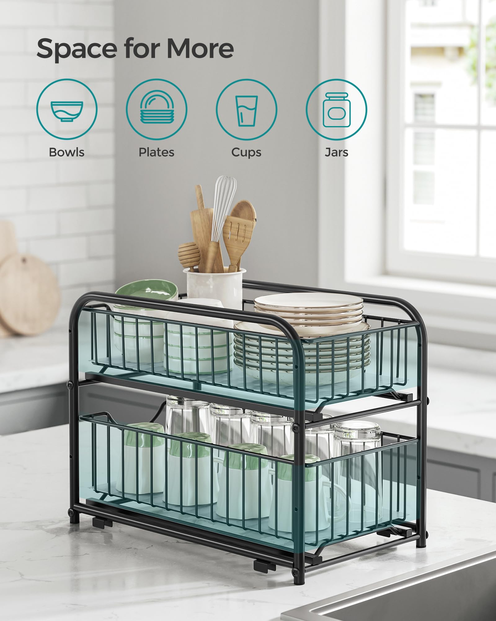 SONGMICS Pull Out Cabinet Organizer, 2-Tier Stackable Bathroom Organizer and Storage, 2 Sliding Basket Drawers, Cabinet Organizer for Kitchen, Bathroom, Ink Black UKCS017B01