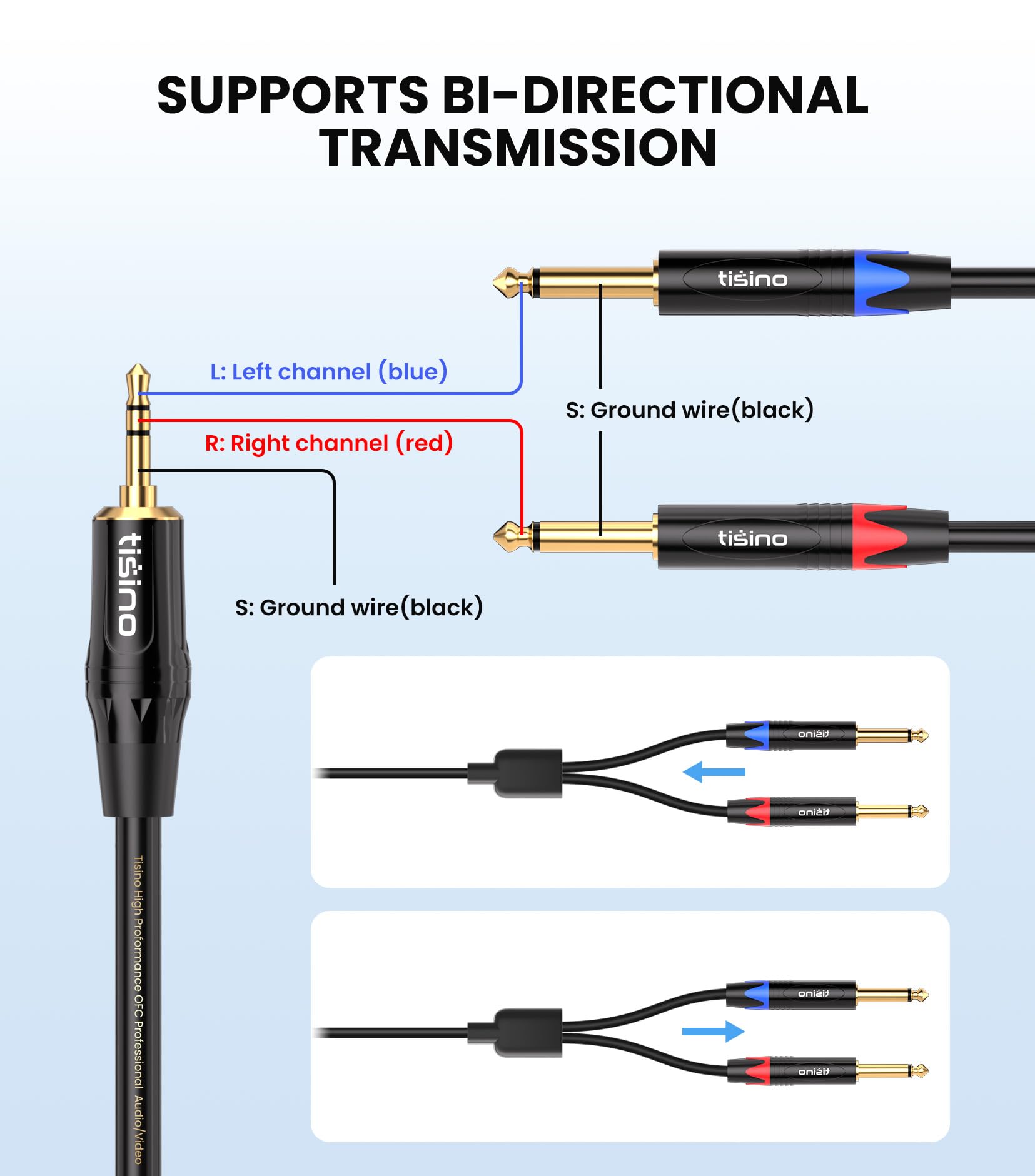 TISINO 1/8 to 1/4 Stereo Cable, 1/8 Inch TRS Stereo to Dual 1/4 inch TS Mono Y-Splitter Cable 3.5mm Aux Mini Jack to Jack Breakout Cord for Smartphone, CD Player, Speakers, Amplifiers - 3.3feet