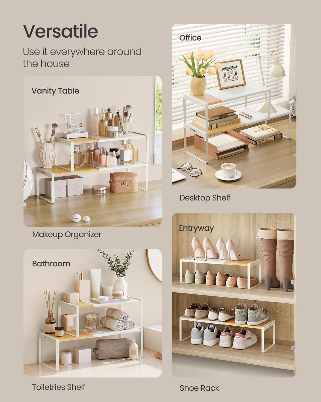 SONGMICS HOME Spice Racks, Expandable Cupboard Shelf Orgnizers, Kitchen Counter Shelves, Bamboo and Metal, Space-Saving Shelving, Stackable, Natural Beige and Cream White UKCS051N01