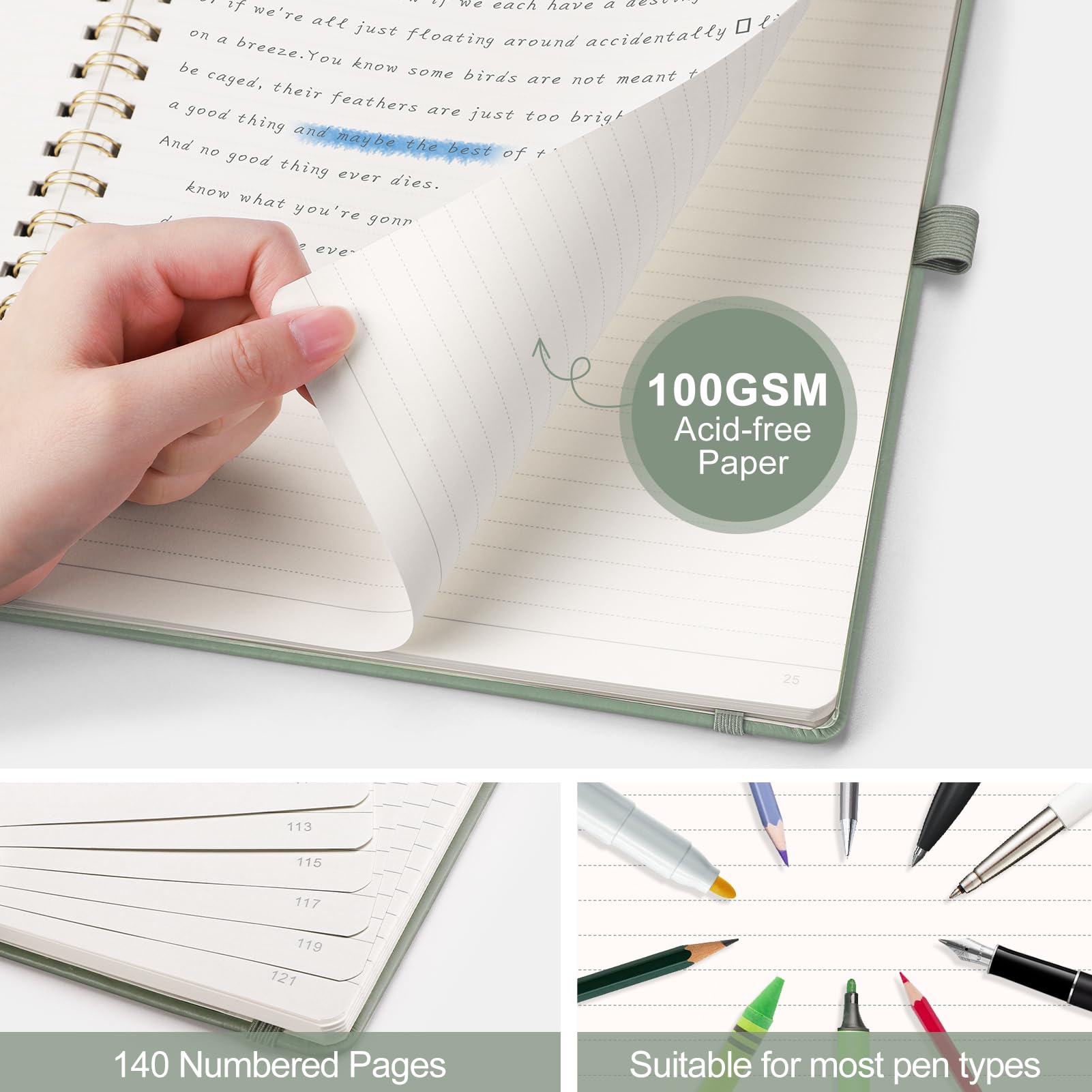 AHGXG Lined Spiral Journal Notebook, B5 Large College Ruled Journals for Women Men，Hardcover Leather Notebooks for School Work Note Taking, 140 Numbered Pages, 100 GSM Paper, 7.6" x 10", Sage Green