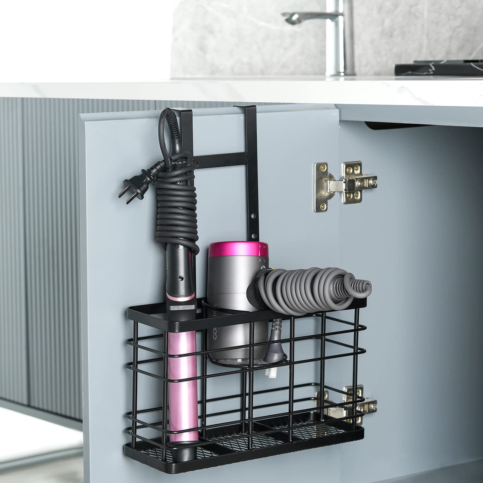 Wetheny Hair Tool Organizer - Hair Dryer Holder 5 Adjustable Height,Bathroom Organizer Cabinet Door/Wall Mounted for Hair Dryer,Curling Iron,Hair Straightener,Brush（White)