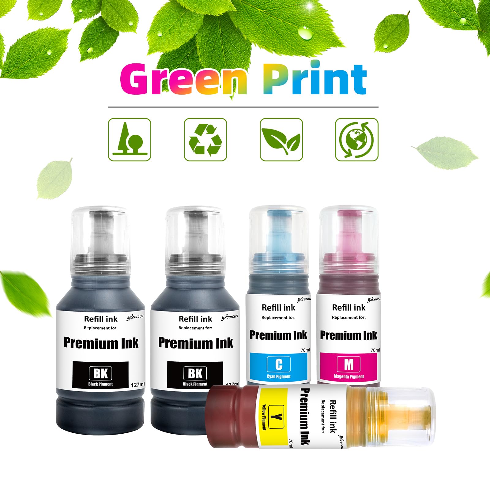 EXCERCUS Ink Bottle Replacement Refill Ink Compatible for ET-2760 ET-2750 ET-2700 ET-4760 ET-3700 ET-3760 ET-4750 ST-3710 ST-3000 ST-4000 (B/C/M/Y, 5-Pack)
