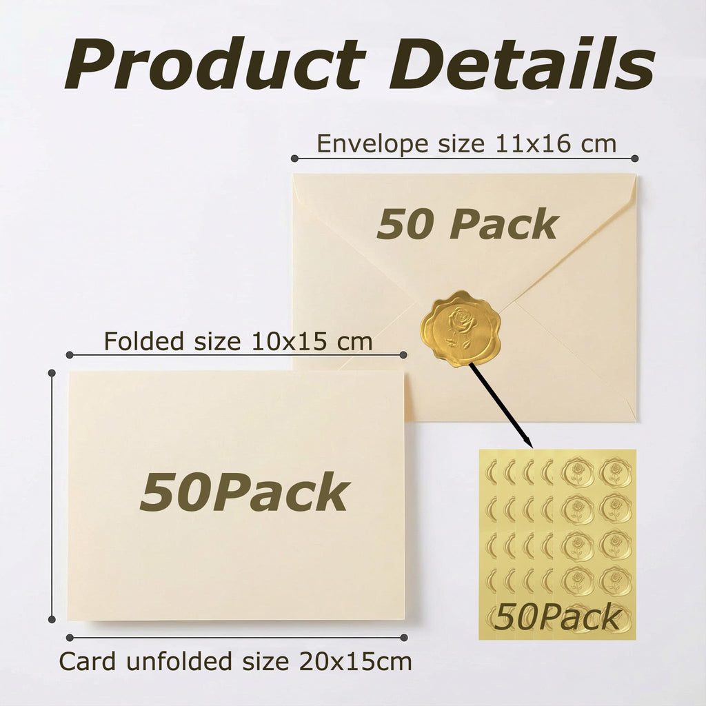 Acidea 50 Pack Ivory A6 Envelopes with Plain Cards, 120GSM Envelopes with 250GSM Folding Blank Cards and Gold Stickers, Perfect Stationary Set for Wedding Invitations, Birthday, Holiday, Greeting Card
