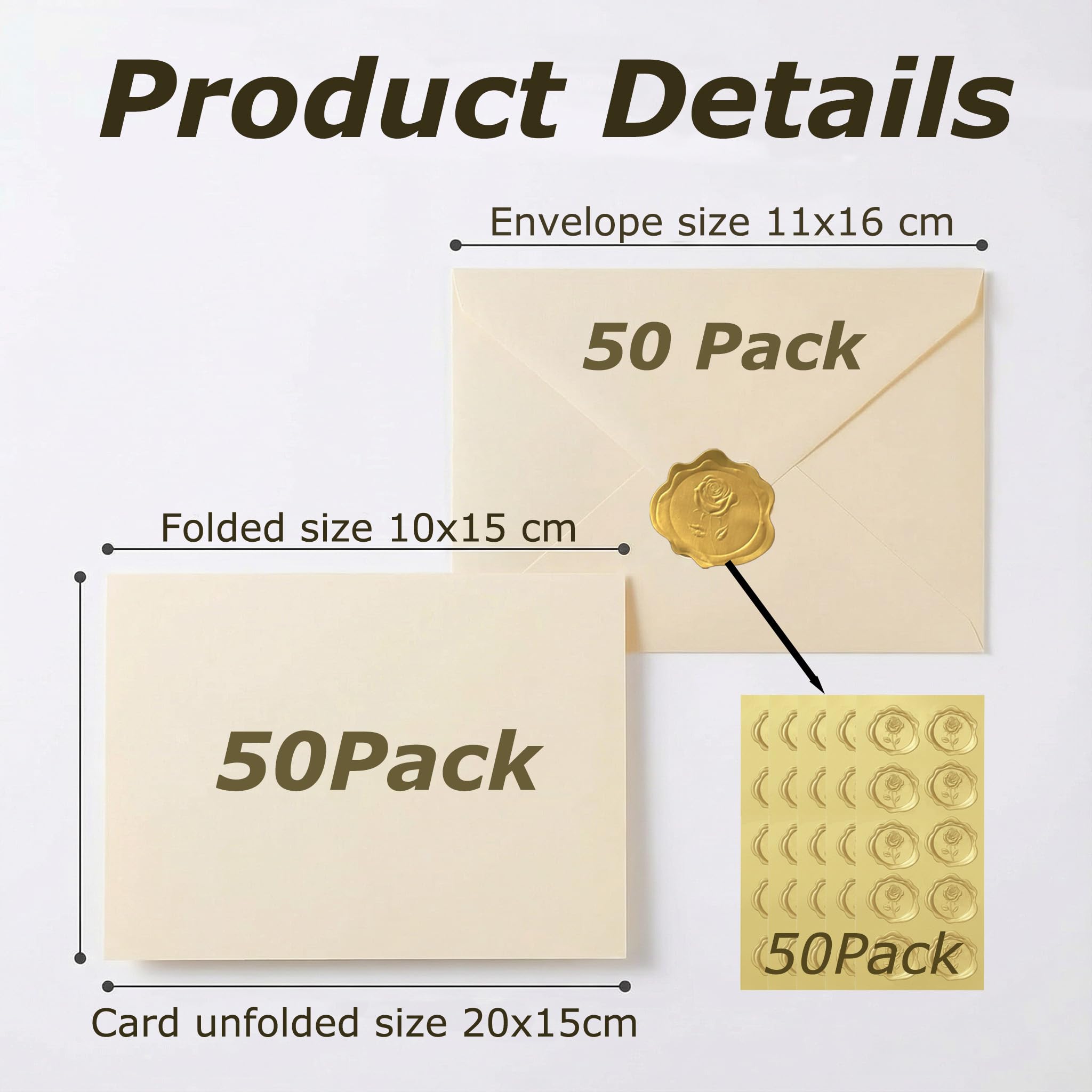 Acidea 50 Pack Ivory A6 Envelopes with Plain Cards, 120GSM Envelopes with 250GSM Folding Blank Cards and Gold Stickers, Perfect Stationary Set for Wedding Invitations, Birthday, Holiday, Greeting Card