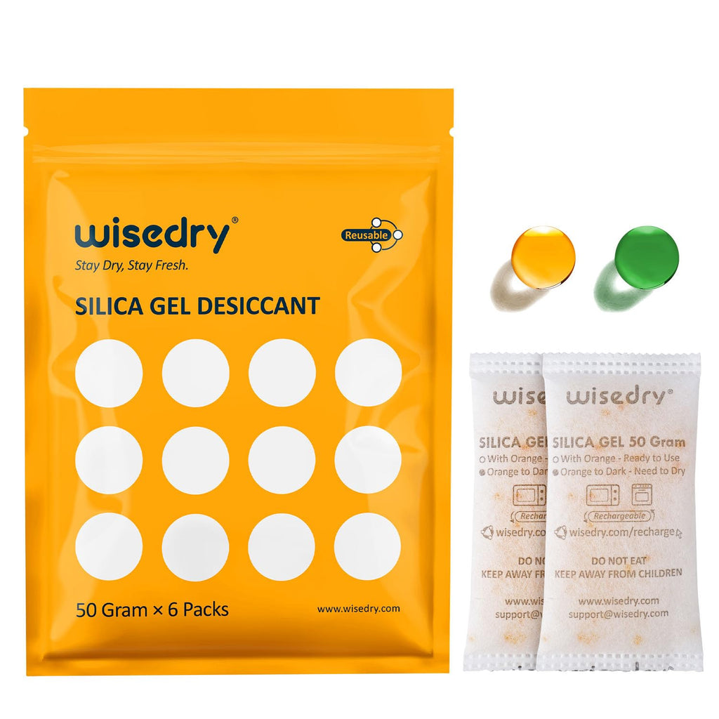 wisedry 50 Gram [6PACKS] Rechargeable Silica Gel Desiccant Packets Fast Reactivate Desiccant Bags Orange to Green indicating for Air Dryer Food Grade