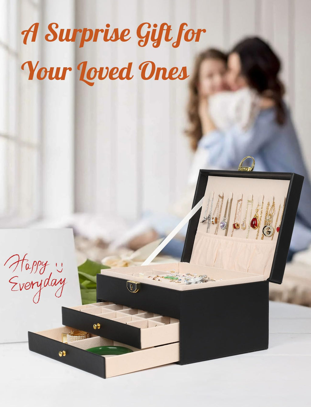 SYCARON Large Jewelry Box Organizer for Women Girls, 3 Layers PU Leather Jewelry Storage Case with Lock for Women and Girls Necklace Bracelets Earrings Rings Organizer, Black