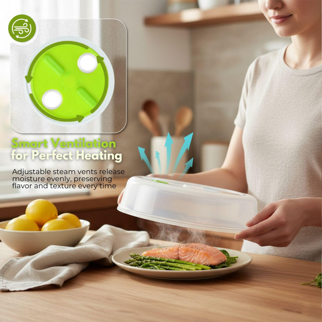 Flexzion Microwave Plate Covers Set of 5 - BPA-Free Microwave Cover with Adjustable Steam Vent, Dishwasher Safe Microwave Splatter Cover, Transparent Plastic Food Covers for Microwave Cooking