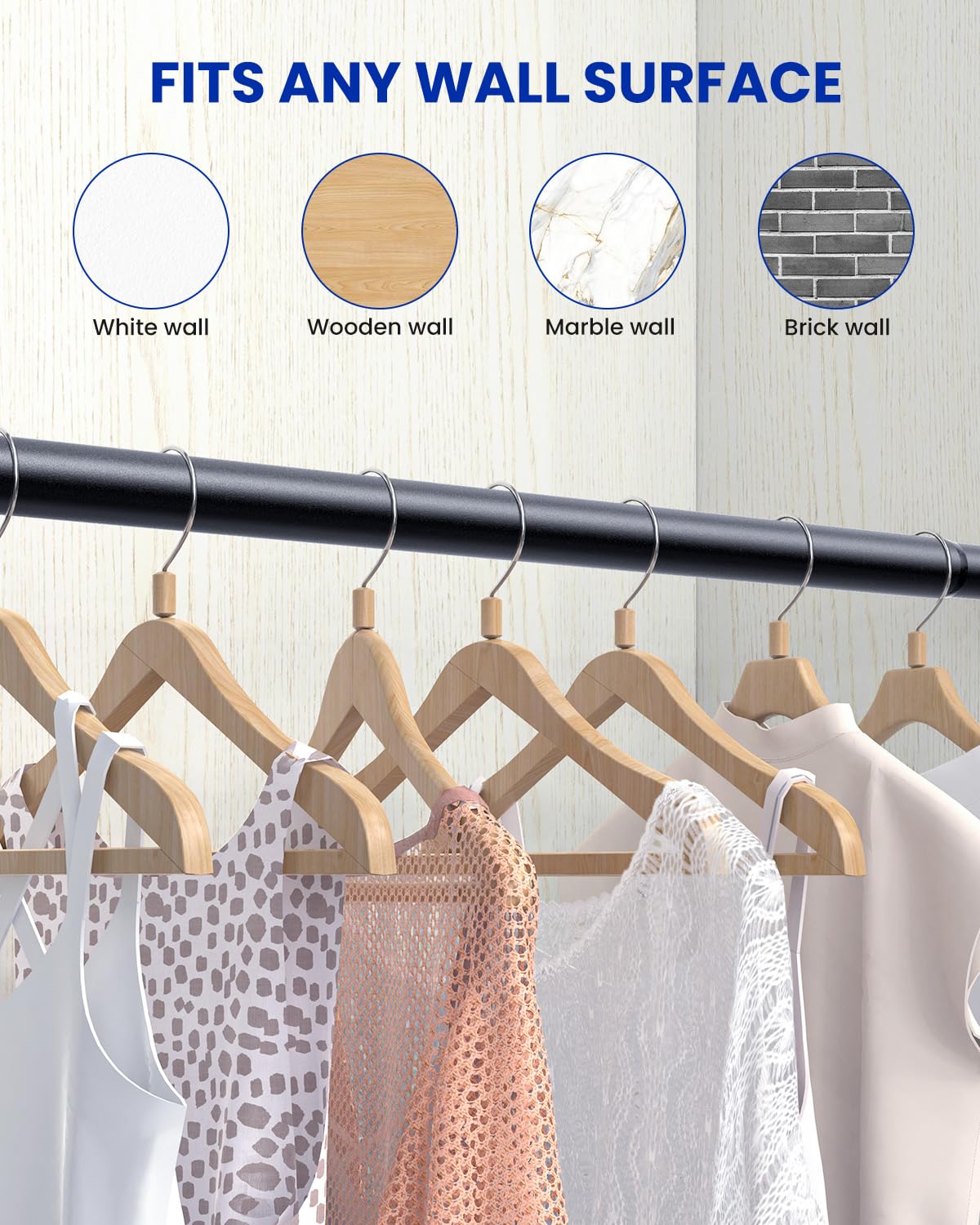 Closet Rods for Hanging Clothes, 17-69 inches Stepless Adjustable Metal Closet Rod, 1.3 Inches Heavy Duty Clothes Hanging Rod for Closet Wardrobes Laundry RV, Black